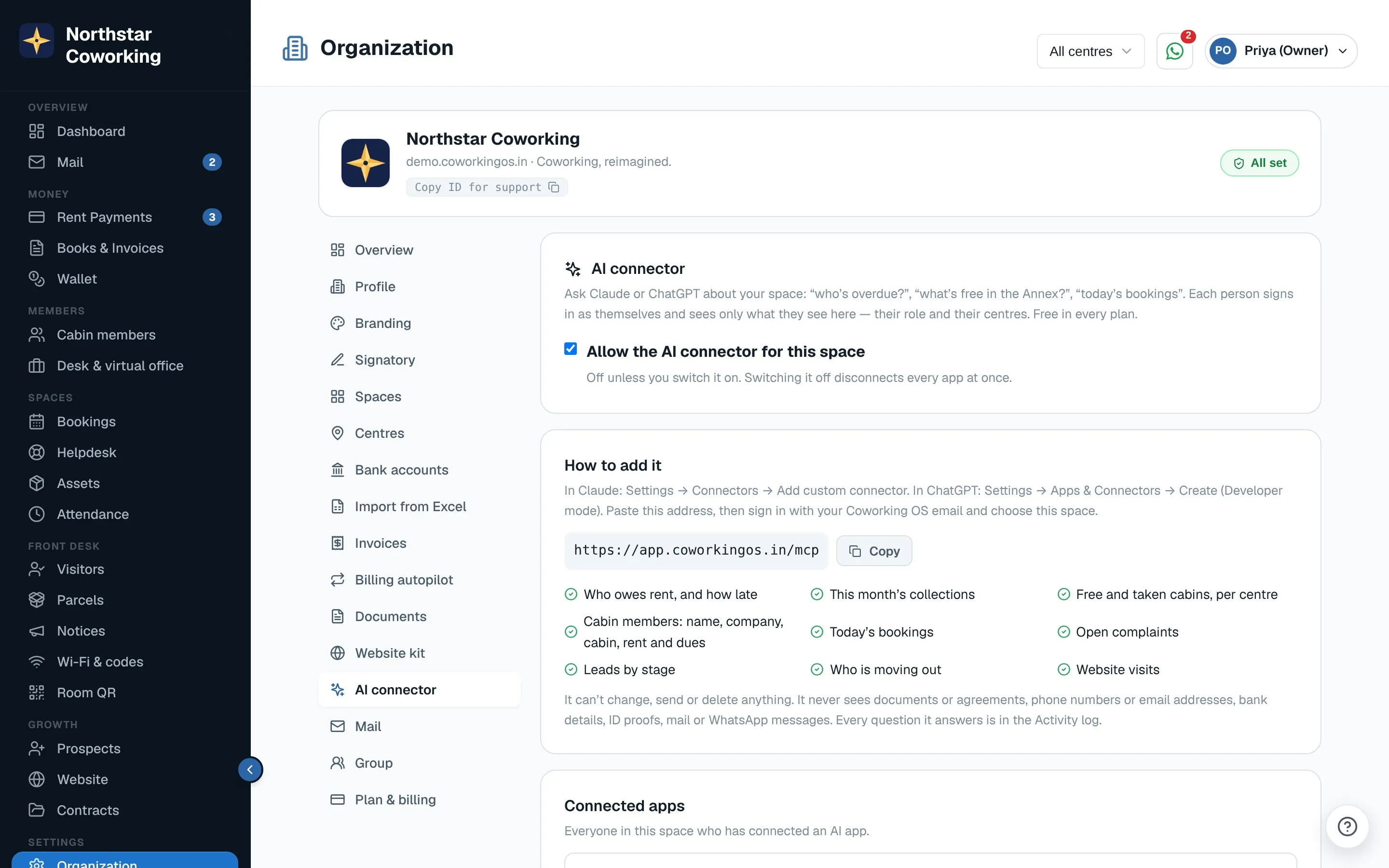 Organization → AI connector: switch it on, then see and revoke connected apps.