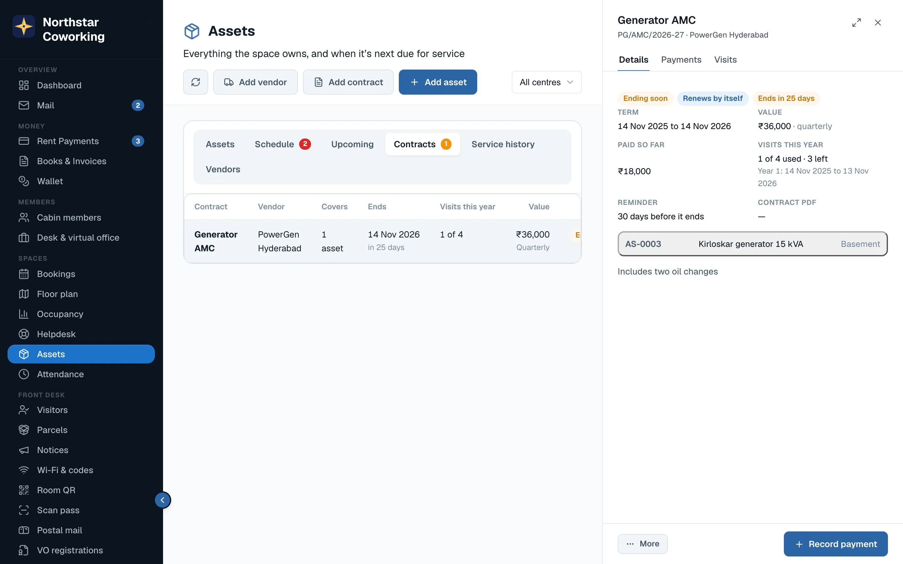 A contract open on the right: term, value, paid so far, visits used and left this contract year, the reminder and the asset it covers.