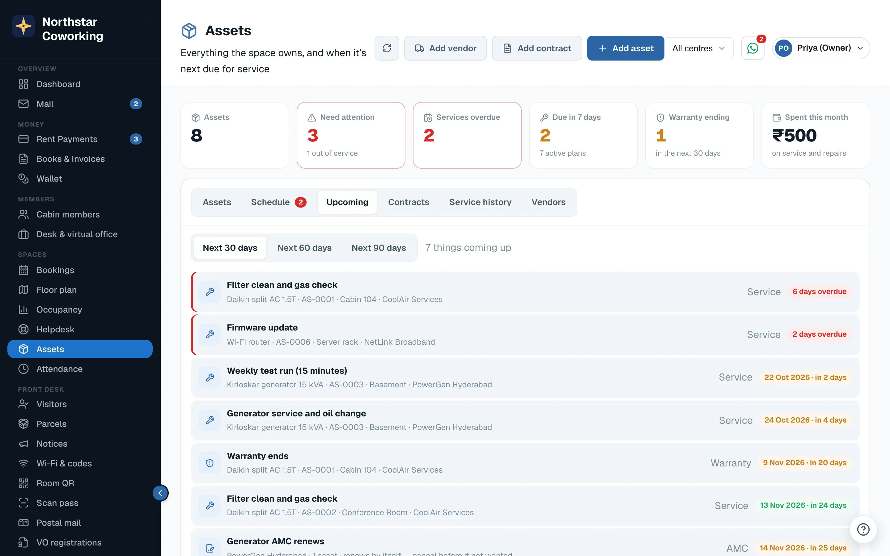 Assets → Upcoming: overdue services in red first, then services due, warranties ending and an AMC that renews, with the date and days left.