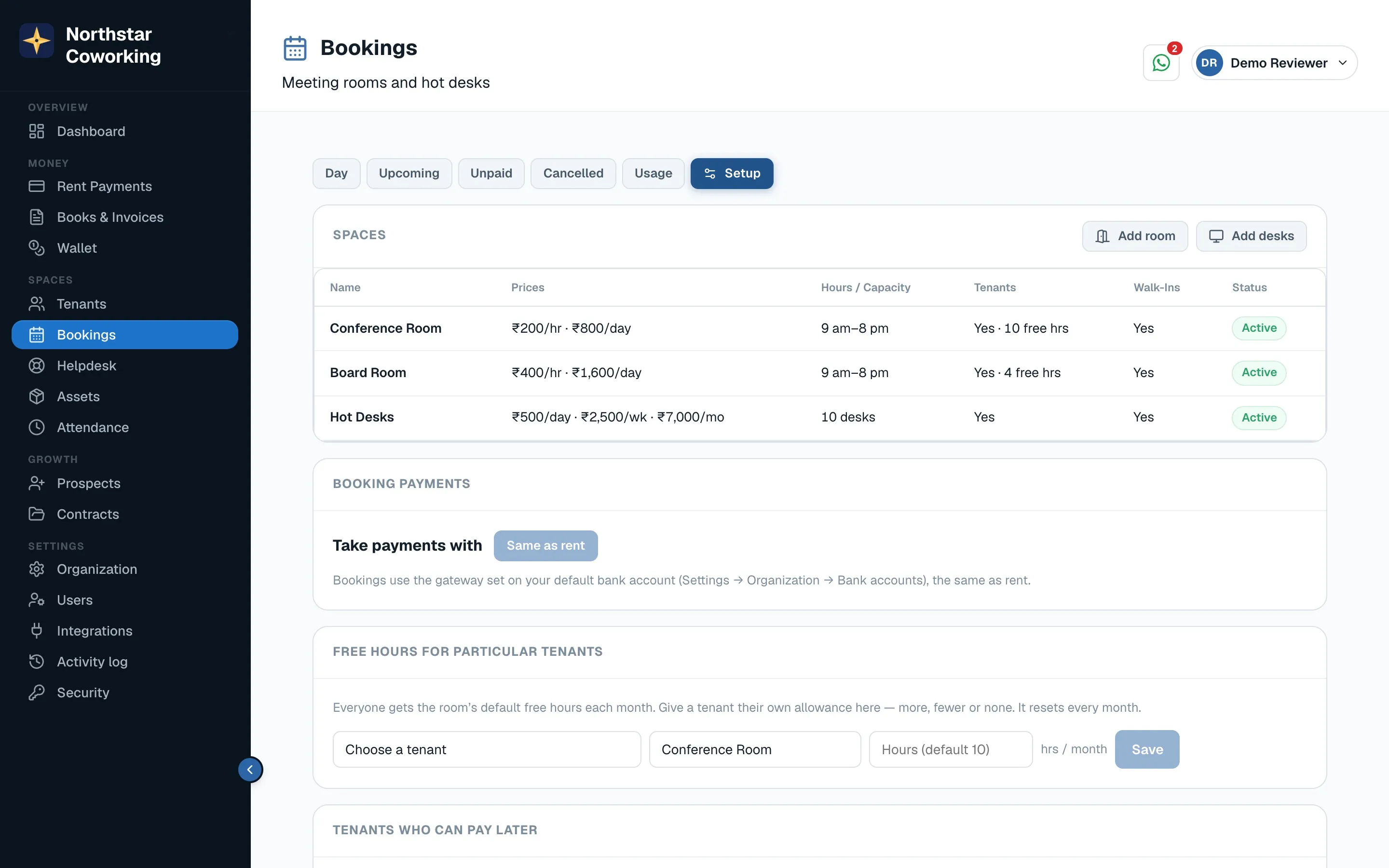 Booking setup: spaces, hours, prices, free hours, holidays, payments and the public page.