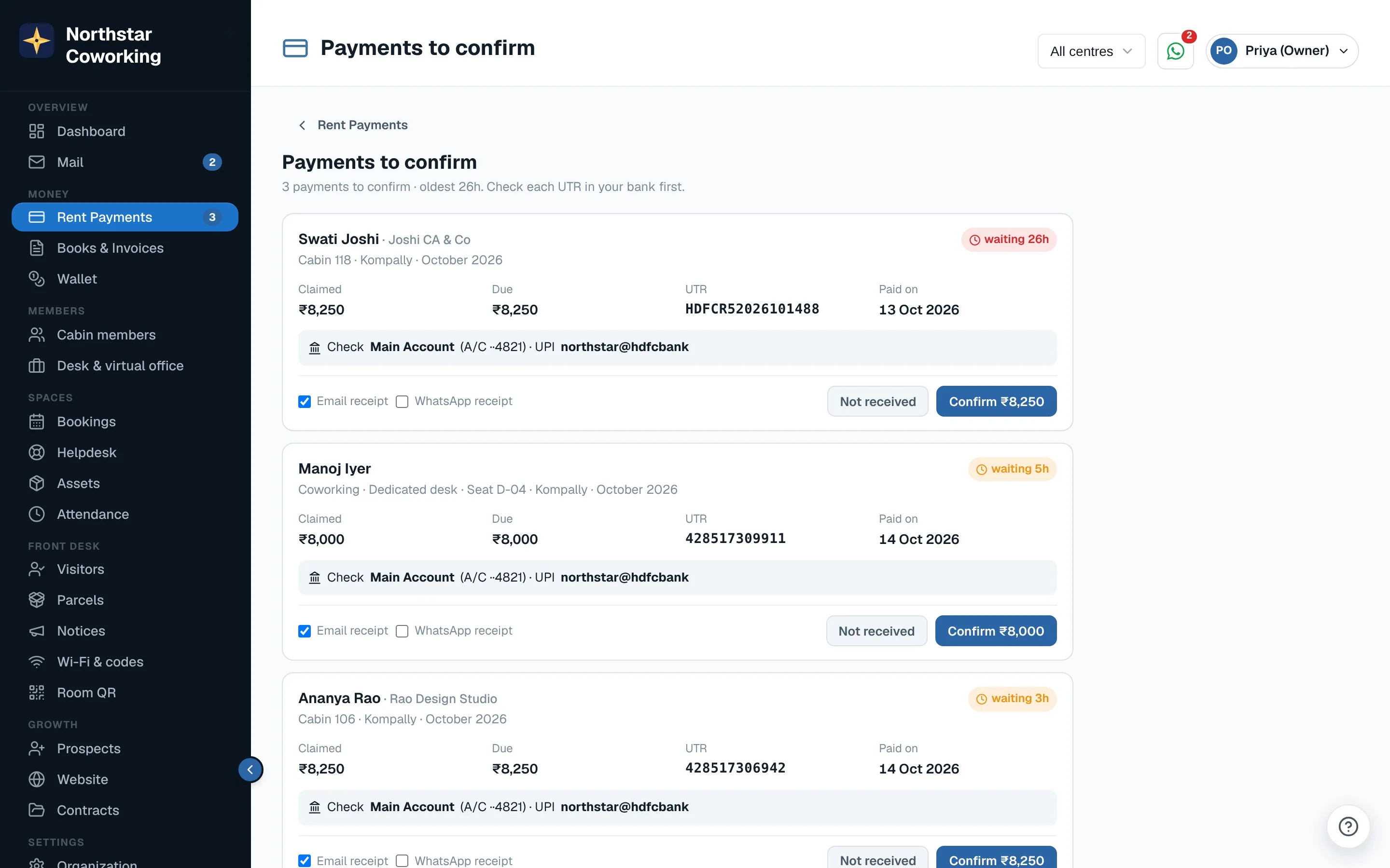 Payments to confirm: who paid, how much, the UTR, the screenshot and which bank account to check.