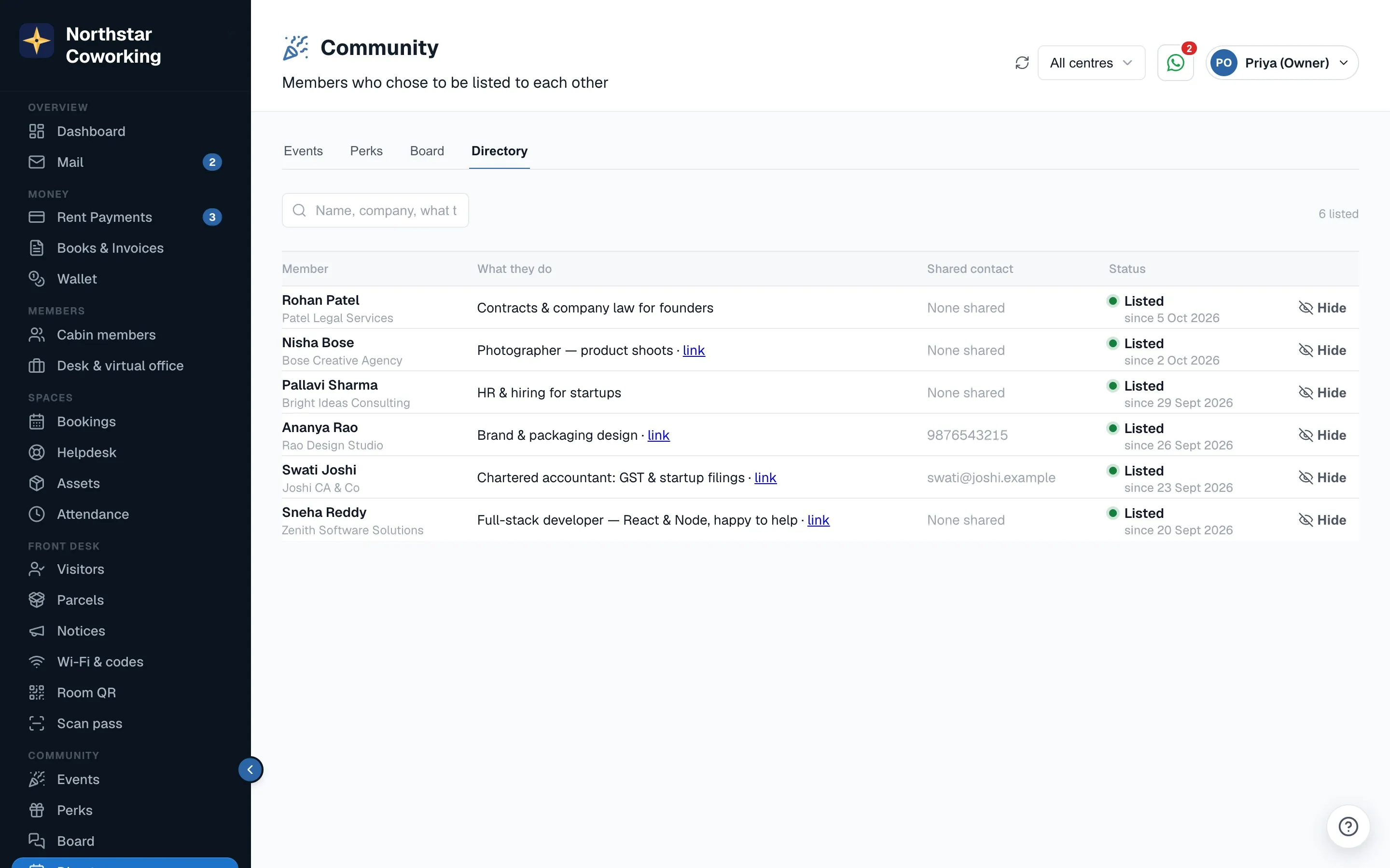 Community → Directory: who has listed themselves, what they chose to show, and the Hide control.