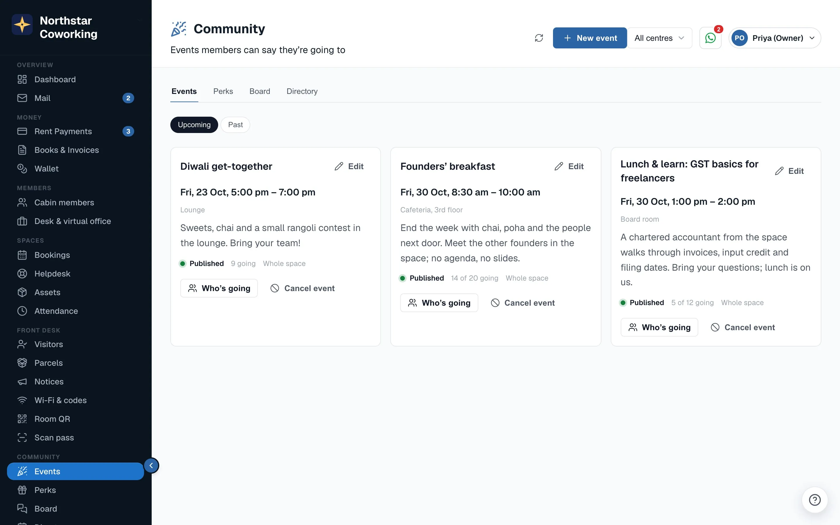 Community → Events: every event with its date, where it is, its status and how many are going.