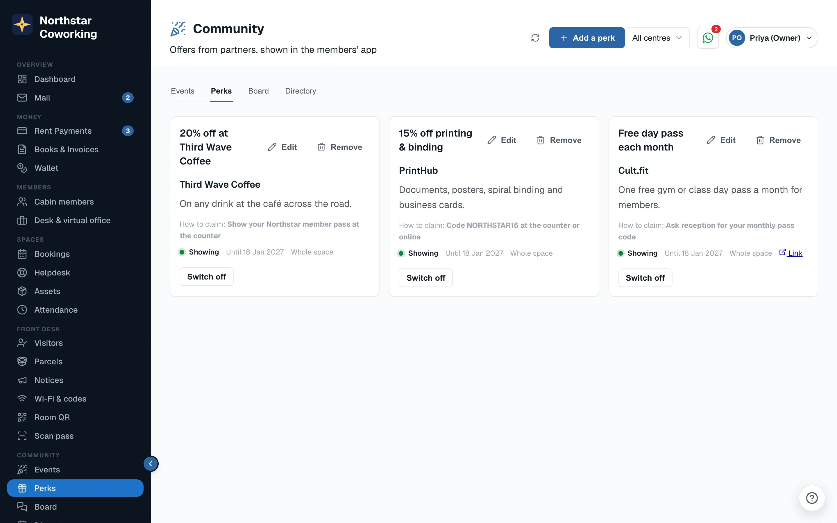 Community → Perks: partner offers with a validity date, the centres they apply to and an Active switch.