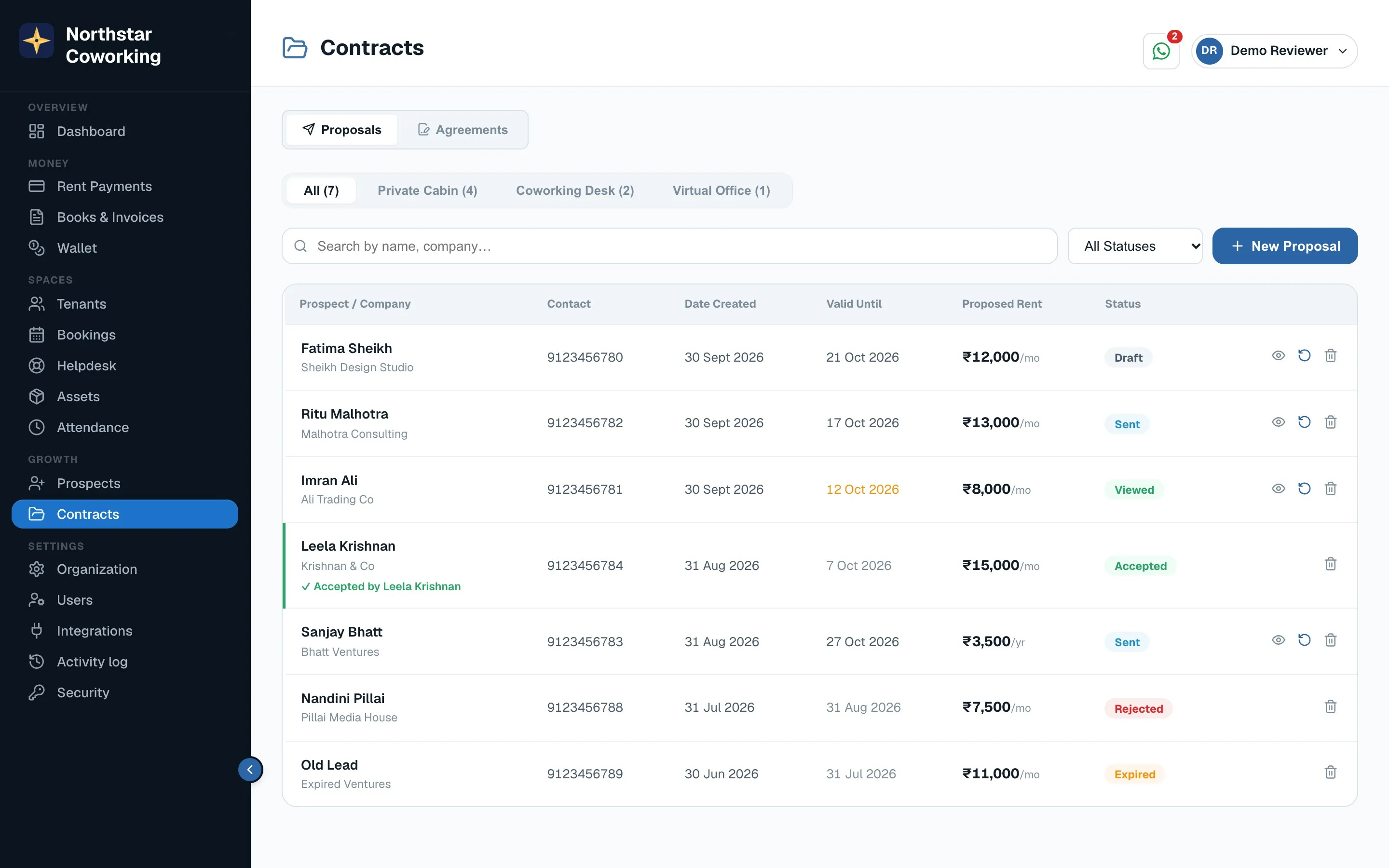 Contracts → Proposals: every proposal and its status.