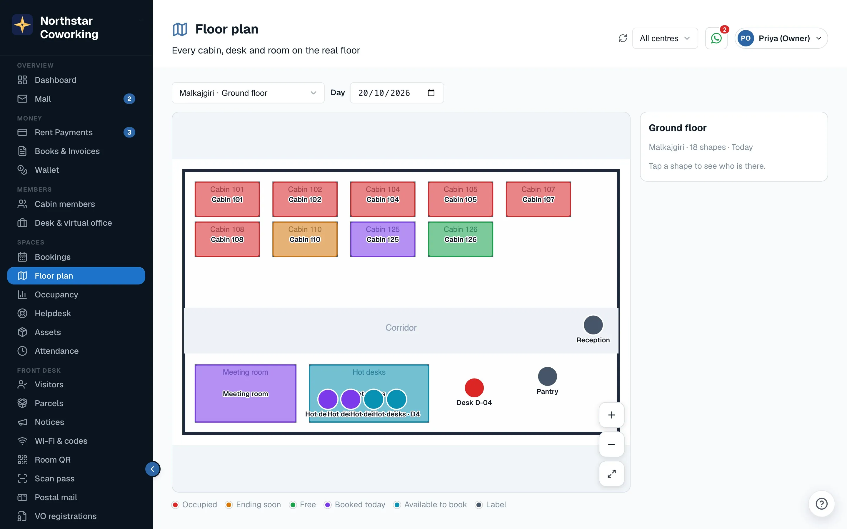 Spaces → Floor plan: cabins coloured by status, the meeting room and hot desks D1 to D4, labels for the corridor, reception and pantry, and the colour key below.