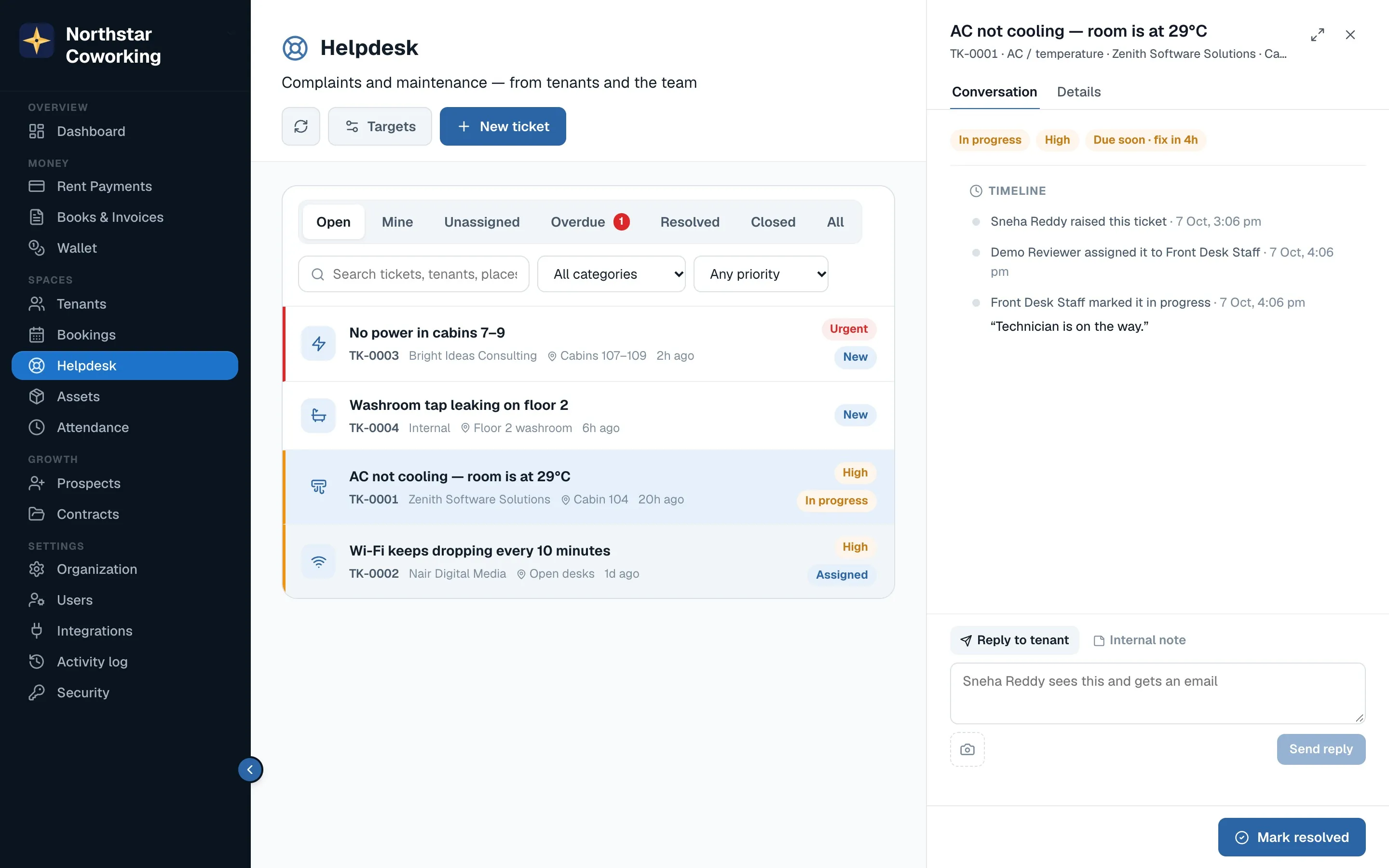 A ticket: status, priority, assignee, due time and the thread.