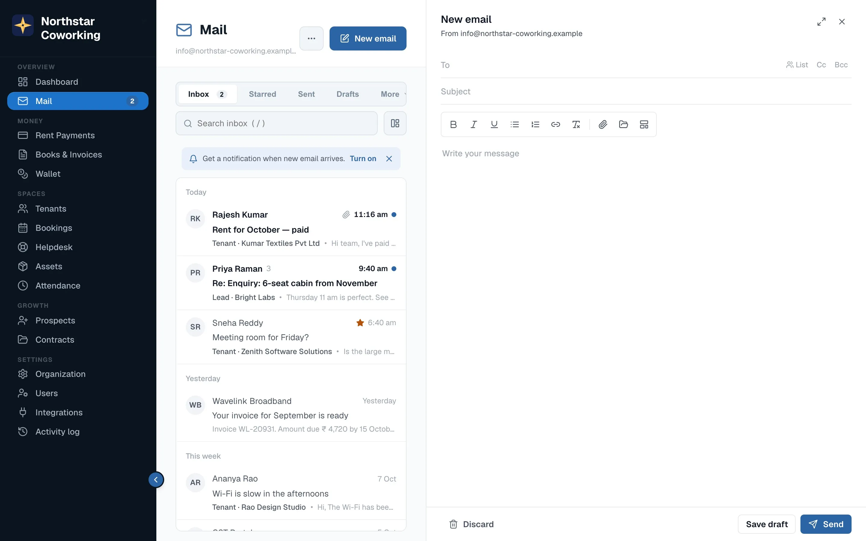New email: To with suggestions, subject, message and attachments.