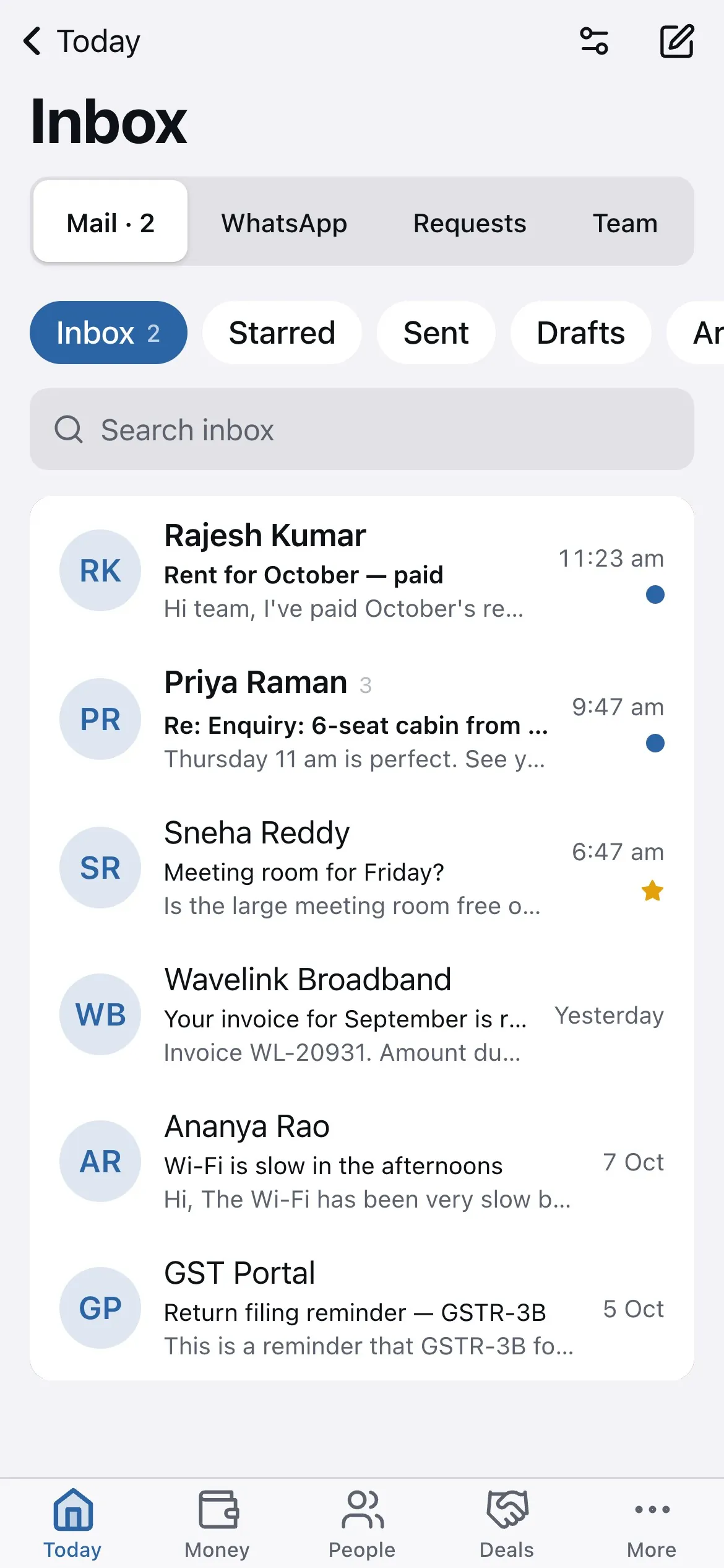 Mail on the phone: the Inbox tab with the Mail list and folder chips.