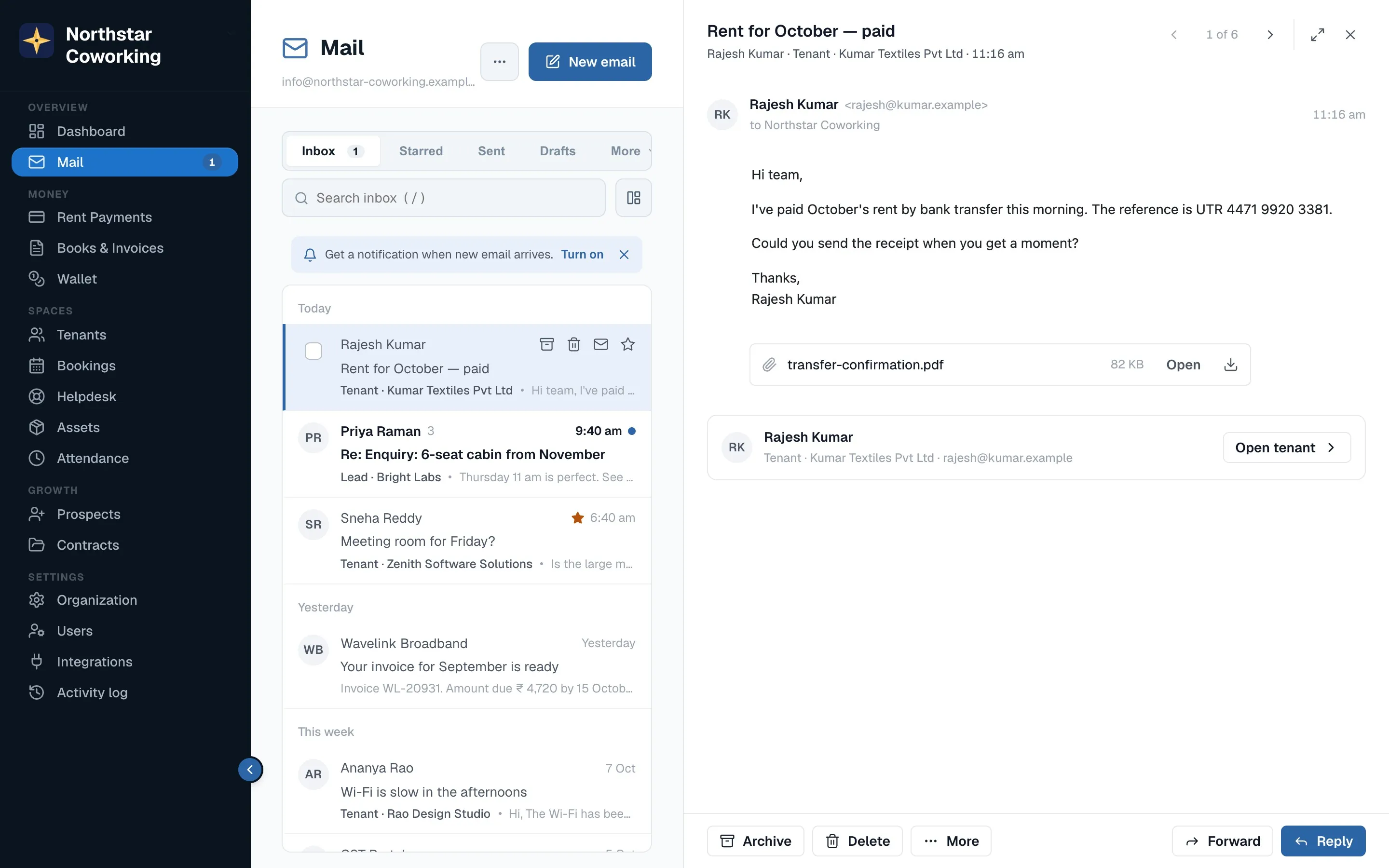 An email open in the side panel: the tenant chip, the conversation, and Reply, Forward, Archive and Delete at the bottom.