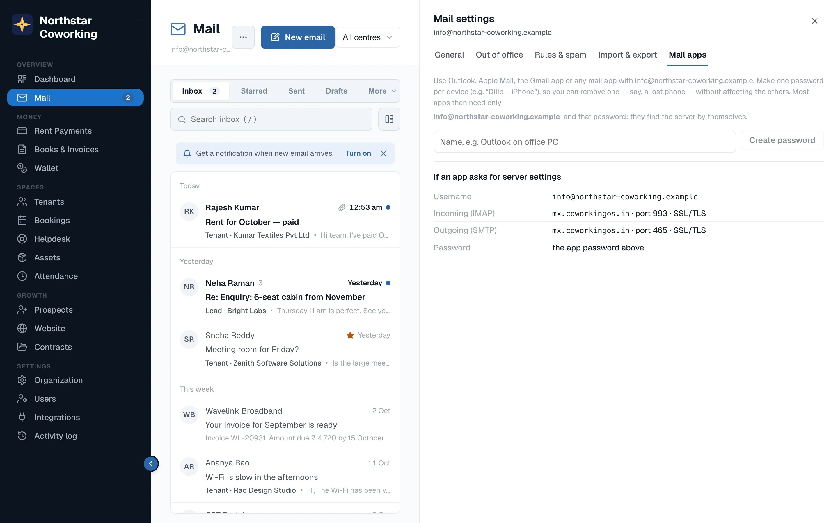 Mail settings → Mail apps: name the device, Create password, and the server settings an app may ask for.