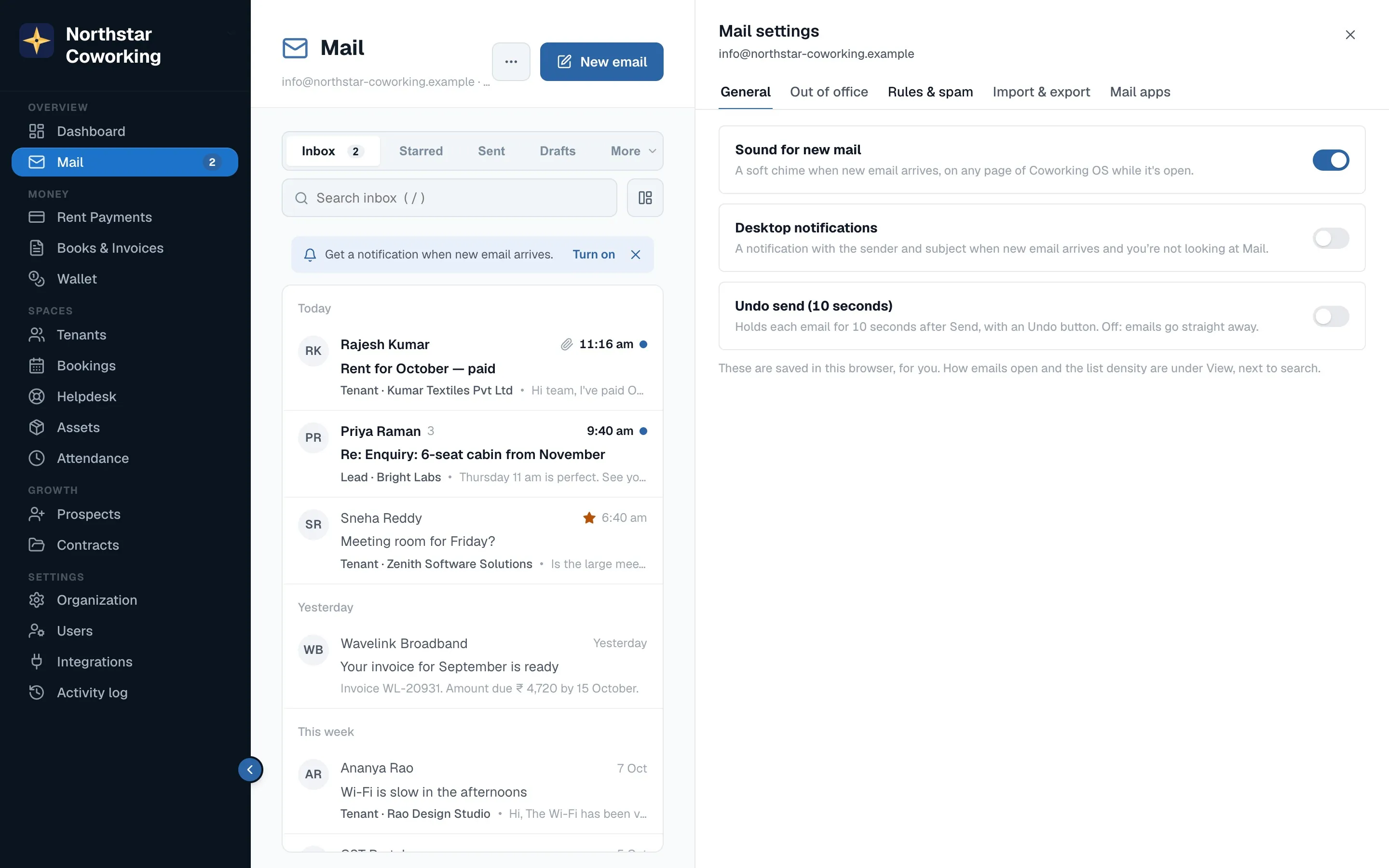 Mail settings: General, Out of office, Rules & spam, Import & export, Mail apps.