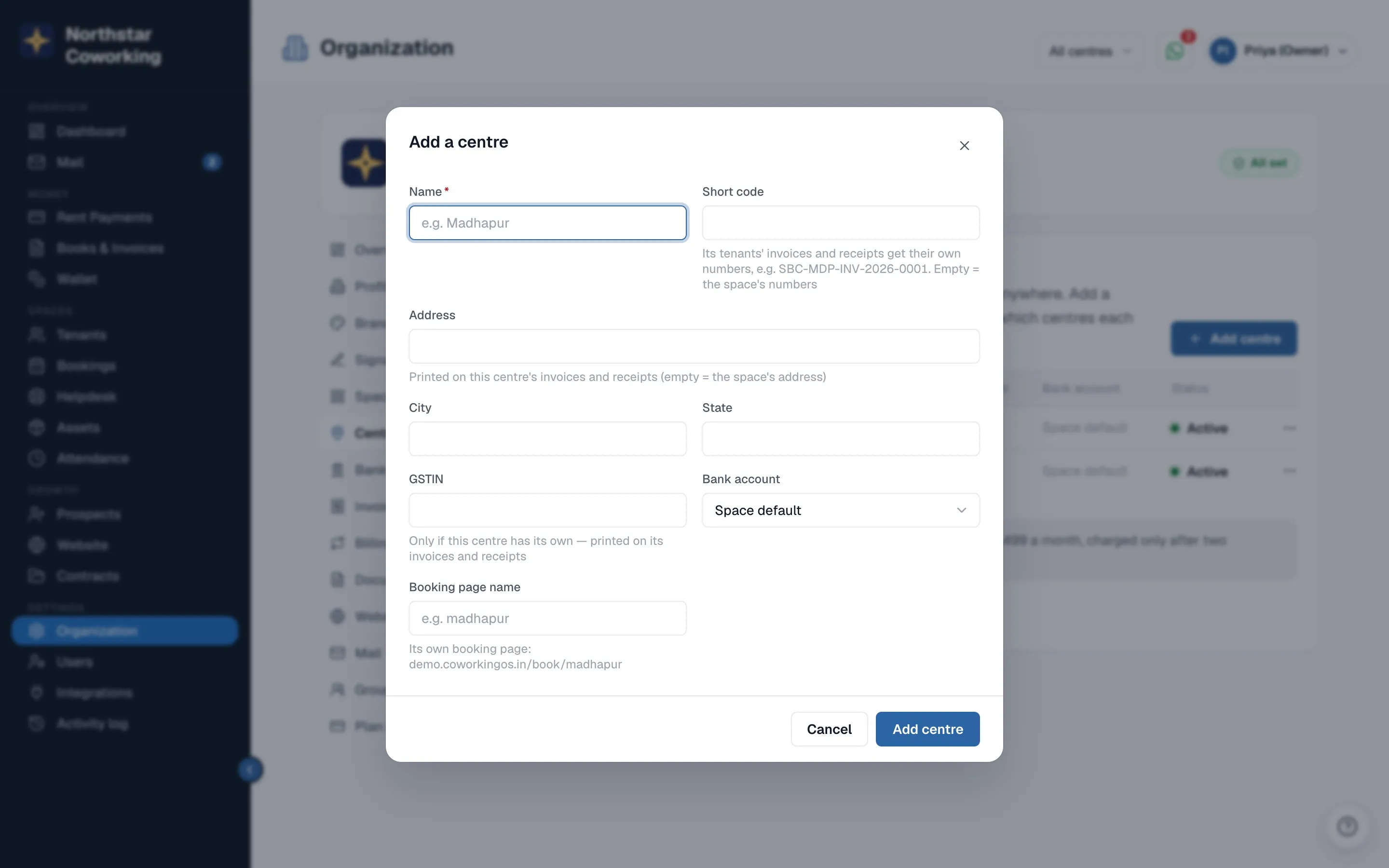 Add a centre: name, short code, address, GSTIN, bank account and booking page name.