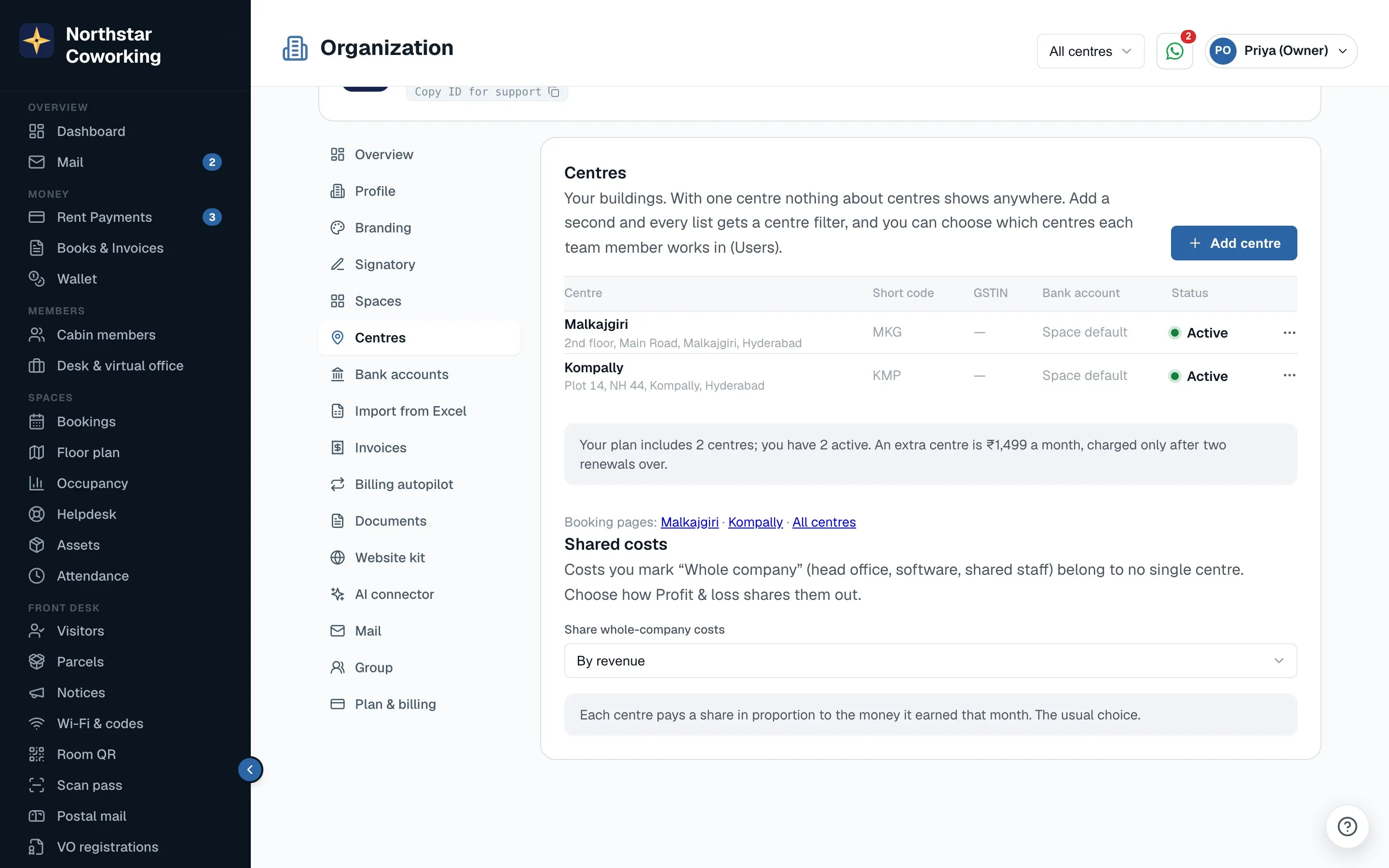 Settings → Organization → Centres → Shared costs: how whole-company costs are shared out.