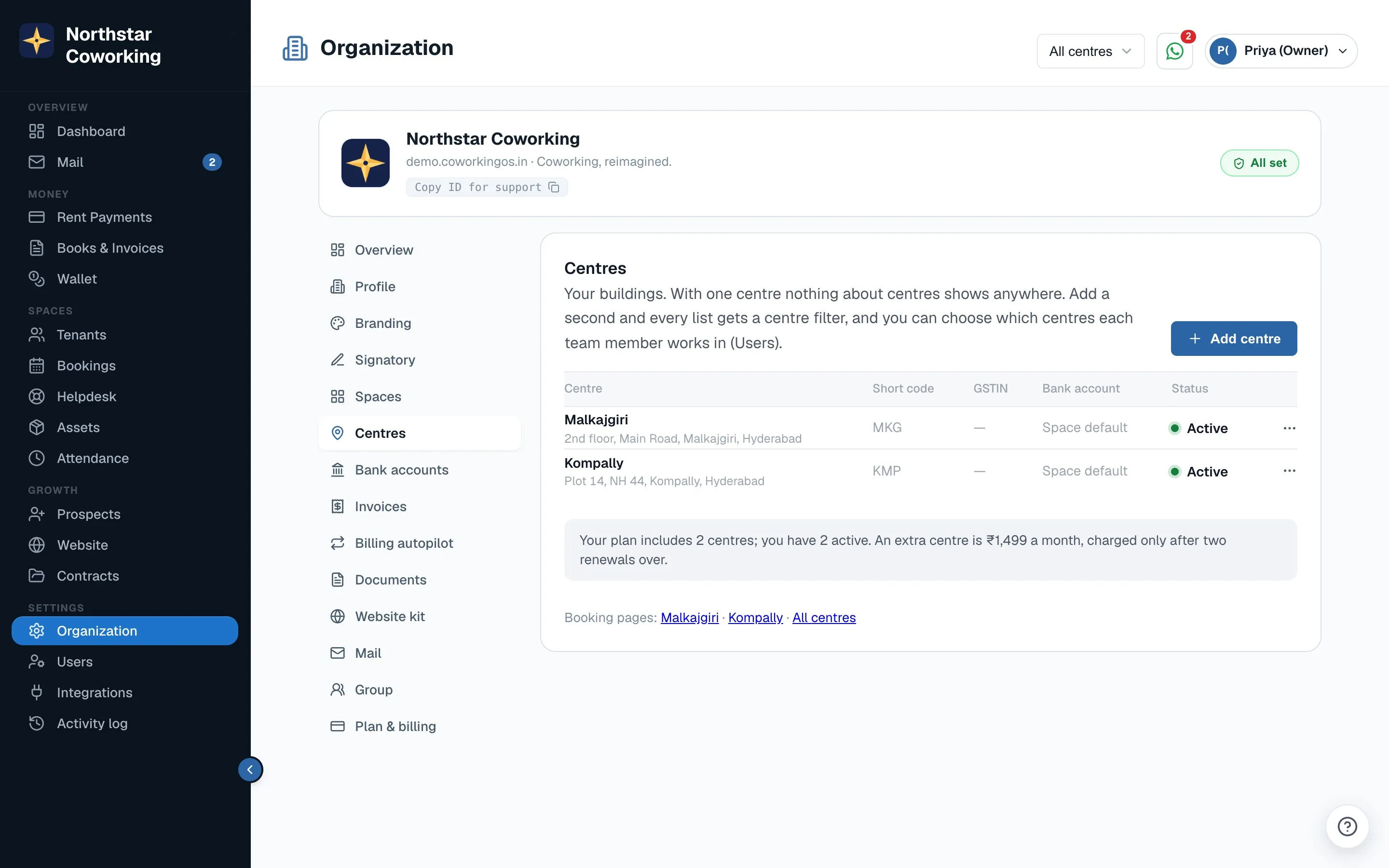 Organization → Centres: your buildings, their short codes and GSTINs, and each one's booking page.