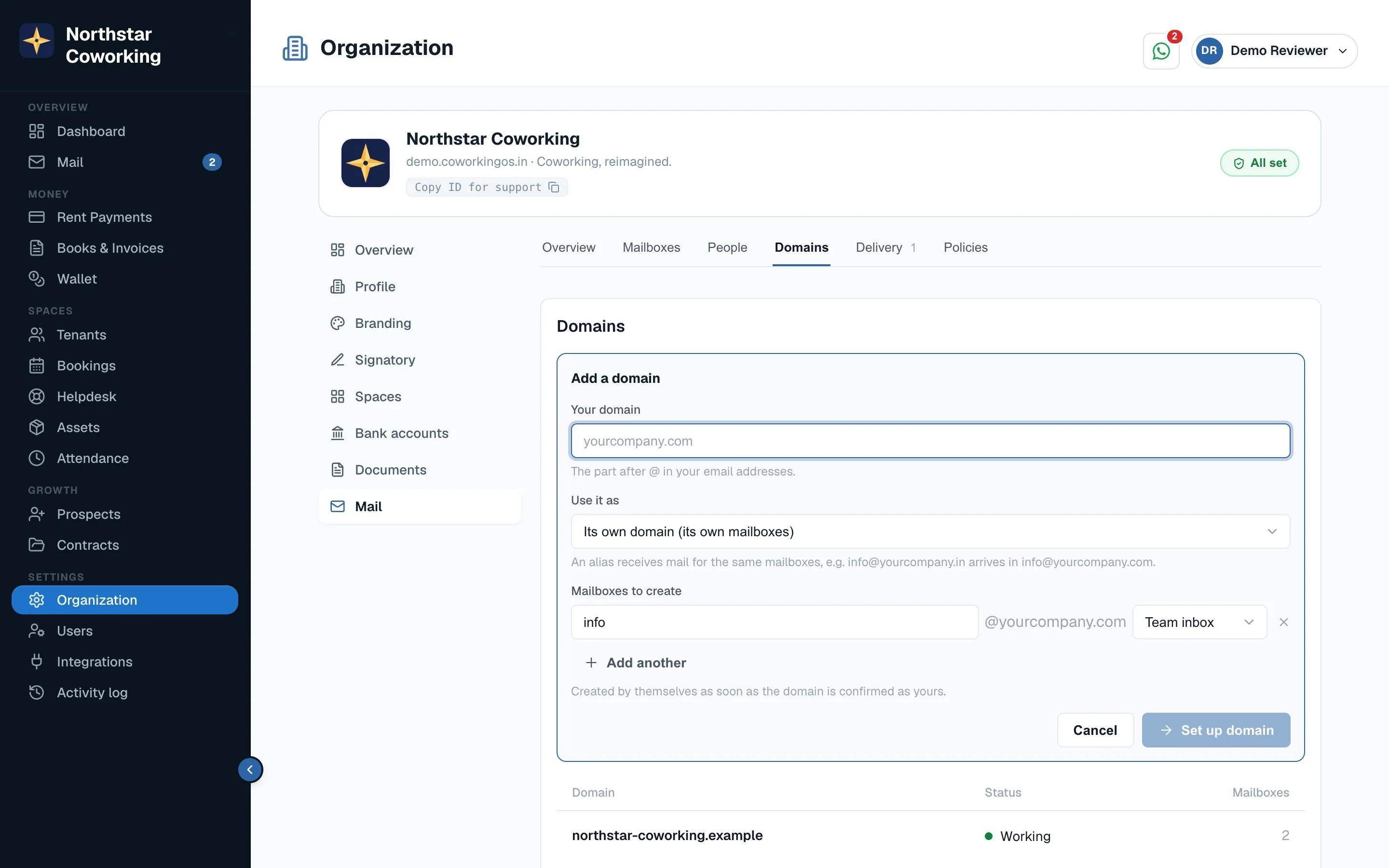 Adding a domain: the one screen, then the checklist.