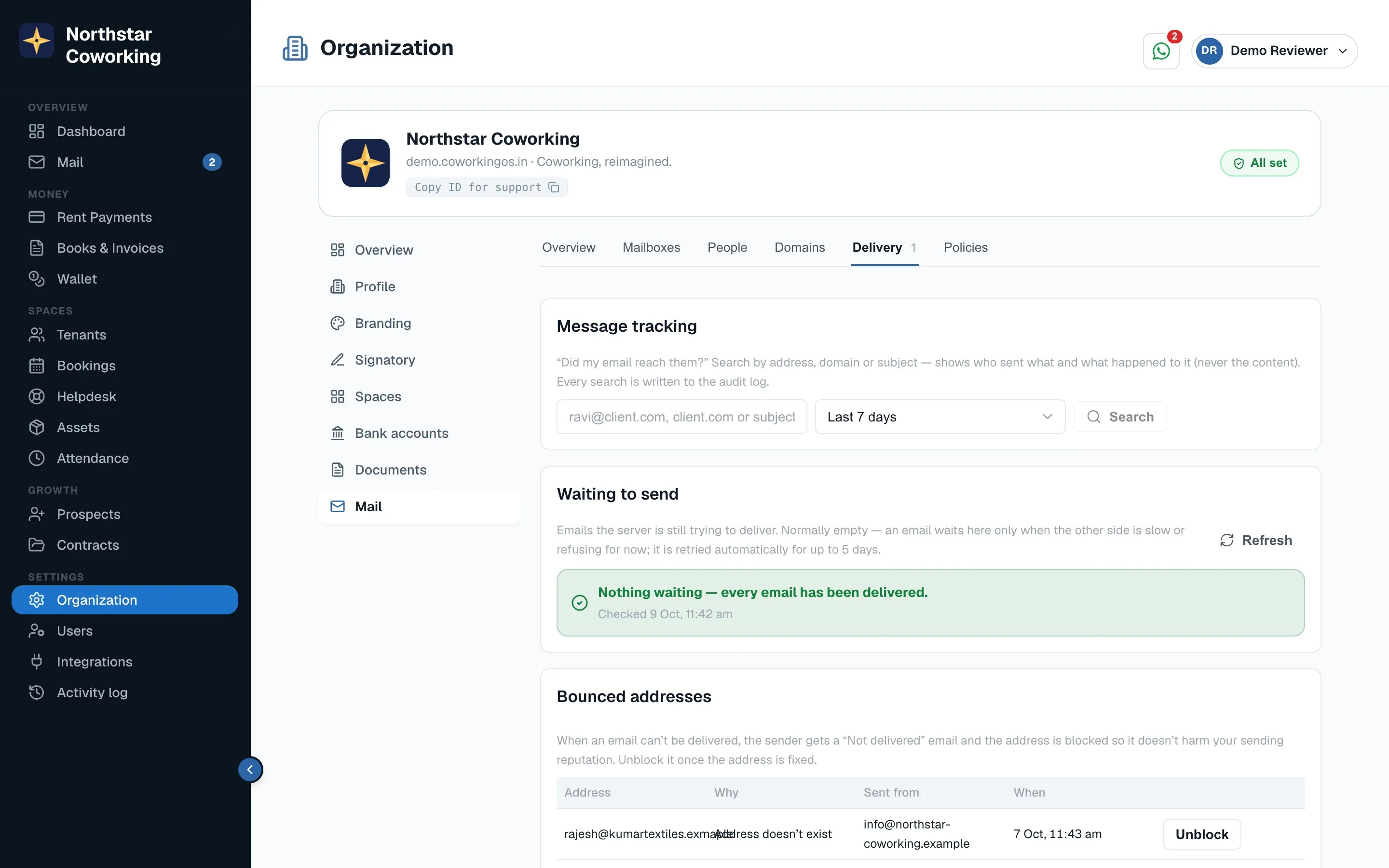 Delivery: message tracking, waiting to send, bounced addresses, spam held, spam lists.