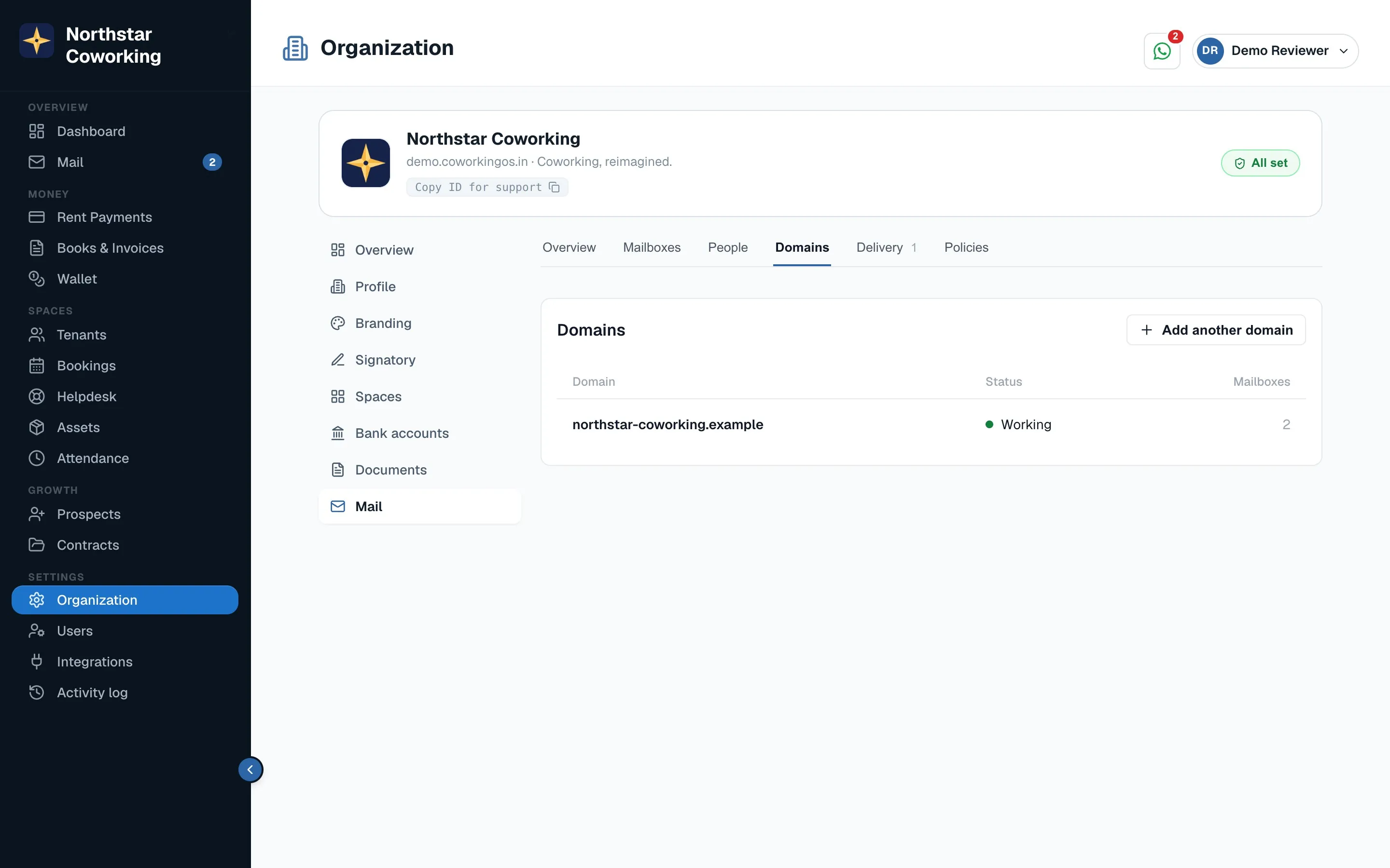 Domains: each with its status, Working, Setting up or Needs attention, and its mailboxes.