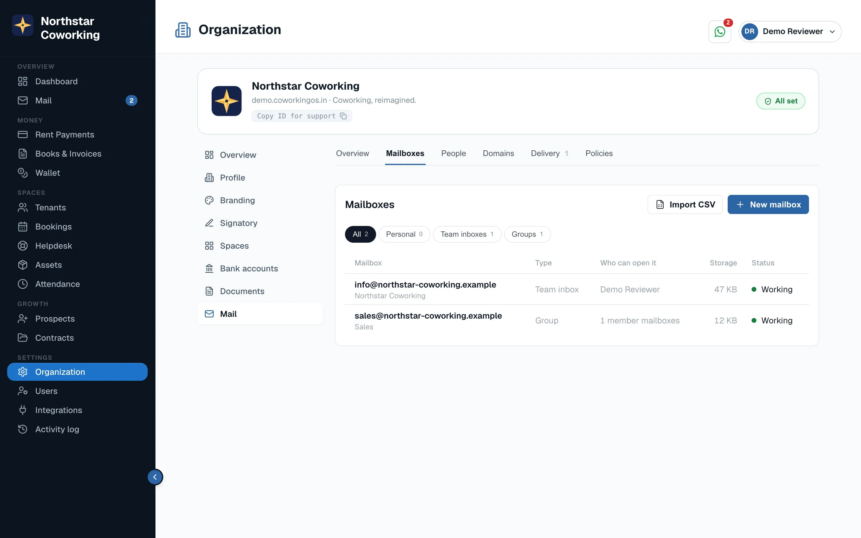 Mailboxes: address, type (Personal, Team, Group), people, storage and status. Filter chips above the table.