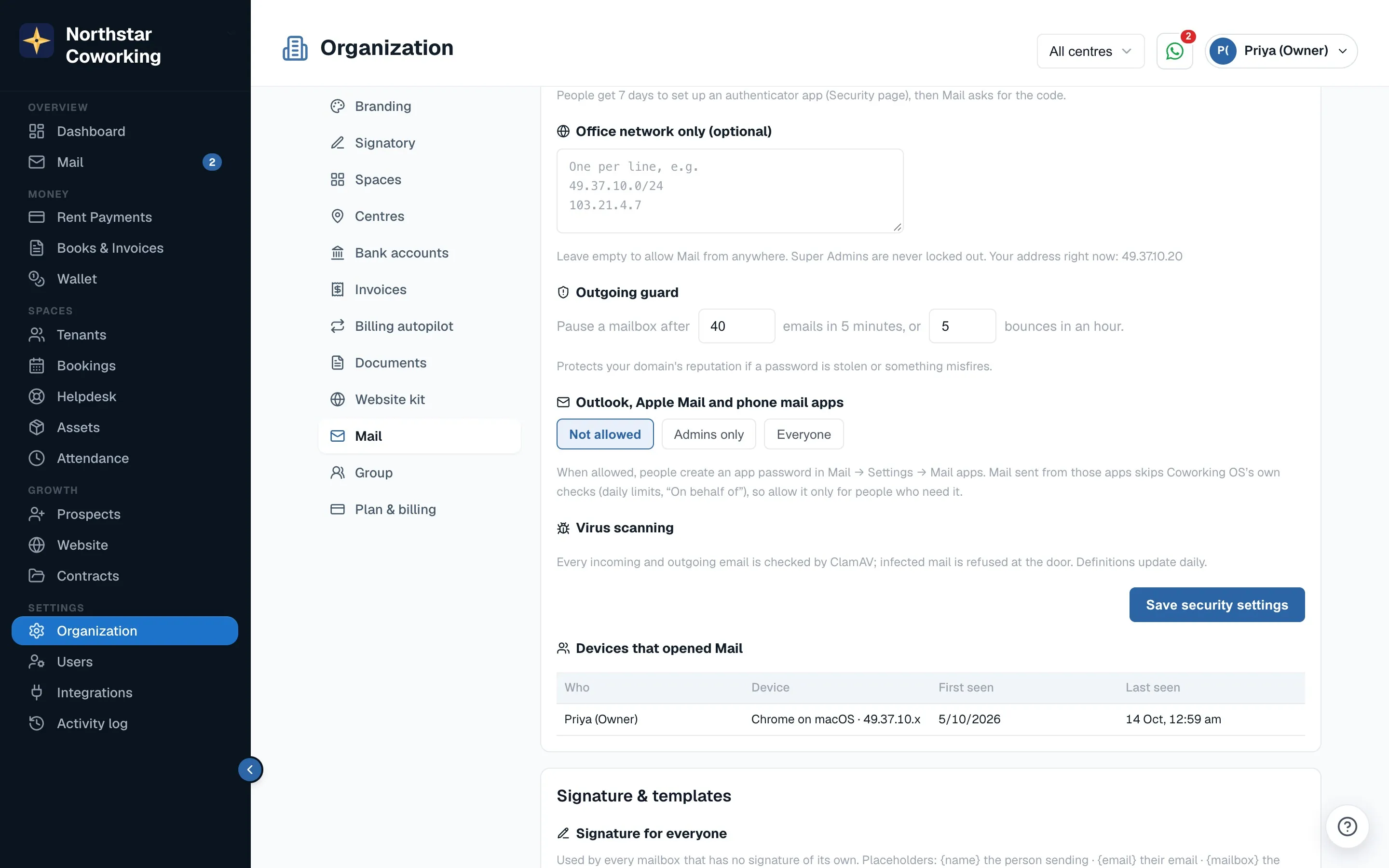 Organization → Mail → Policies → Security: the Mail apps choice.