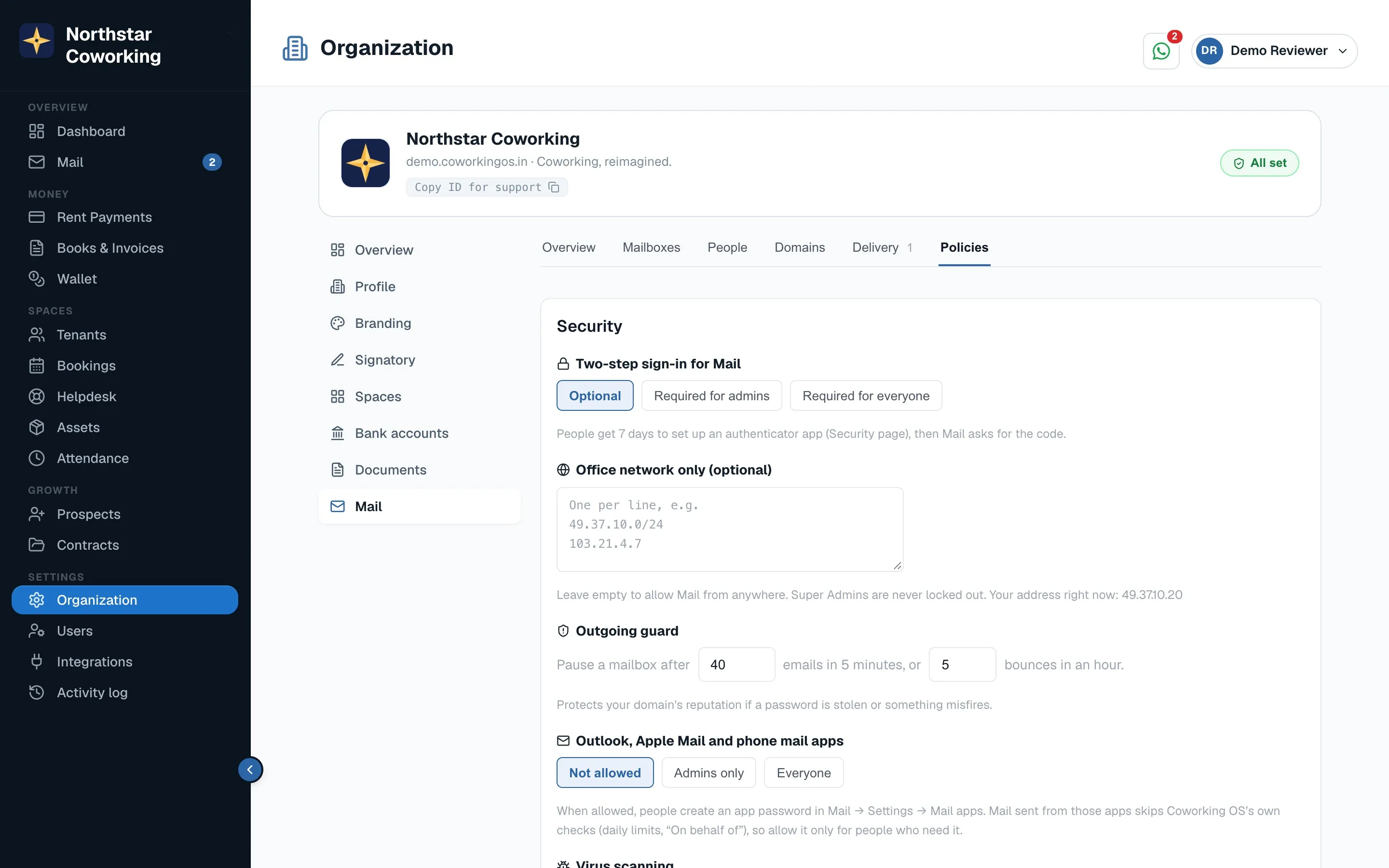 Policies: security, signature & templates, retention, legal holds, compliance search, reports, audit log.