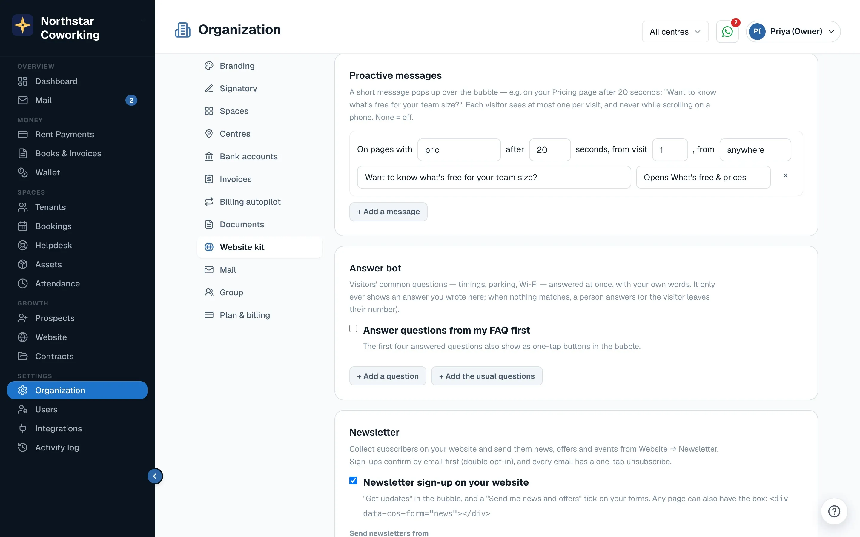 Answer bot: the switch, Add a question, and Add the usual questions.