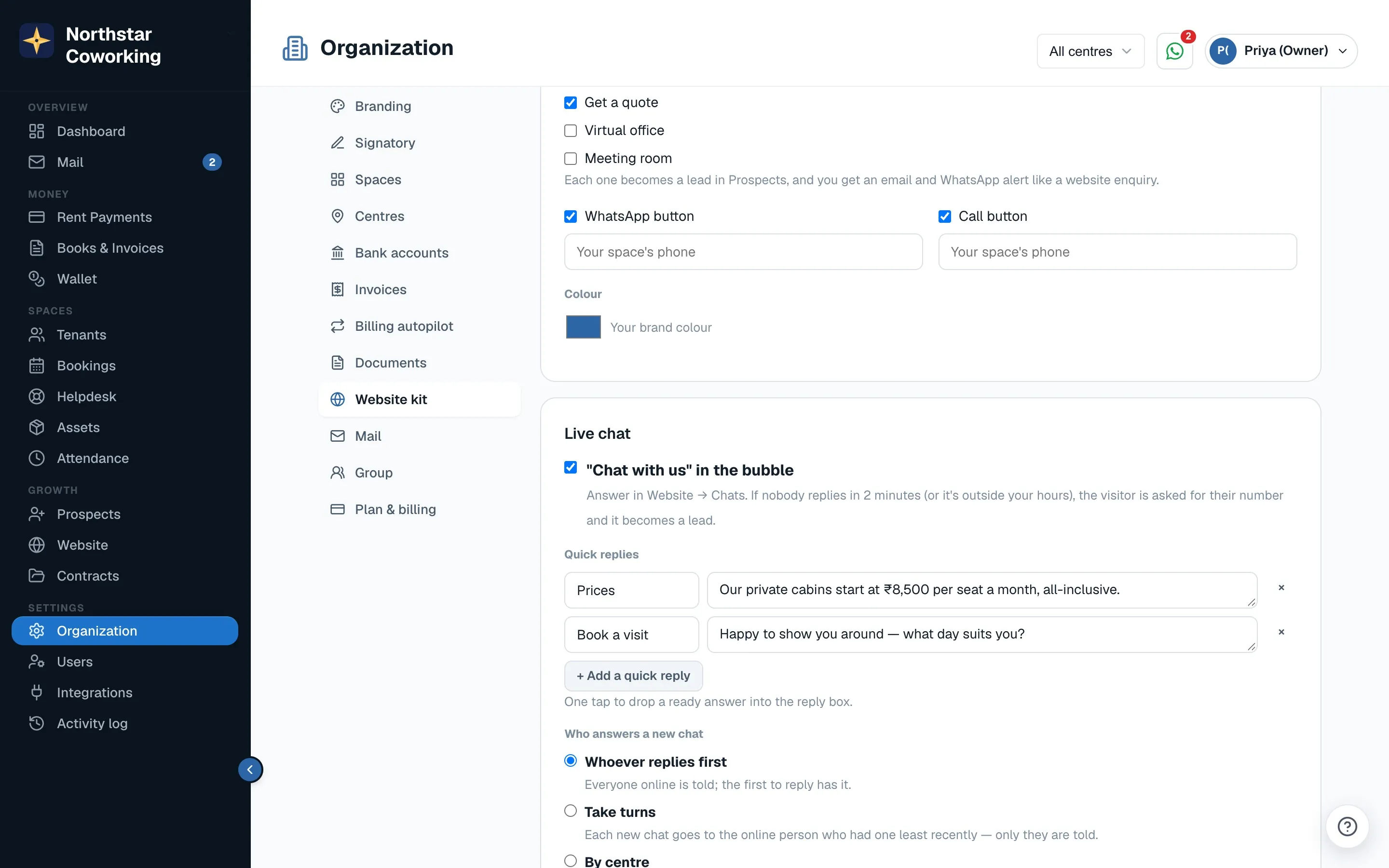Organization → Website kit → Live chat: quick replies and who answers a new chat.