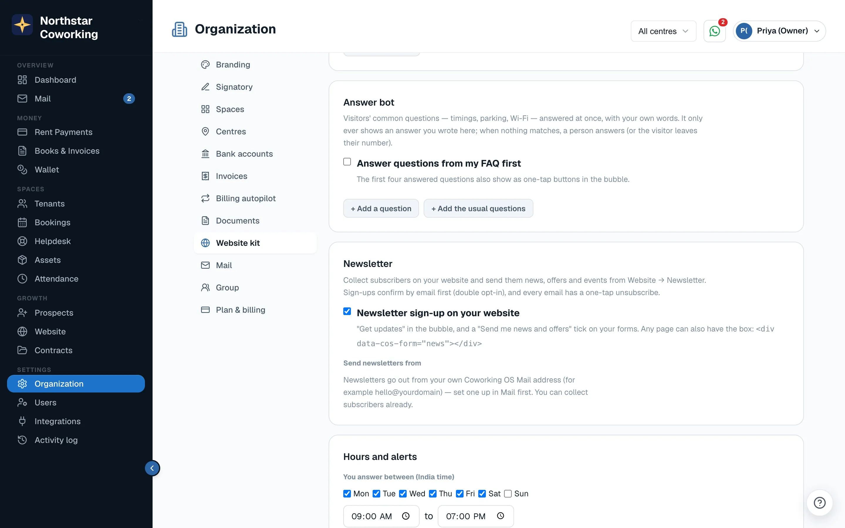 Organization → Website kit → Newsletter: sign-up on your website, and the address newsletters go from.