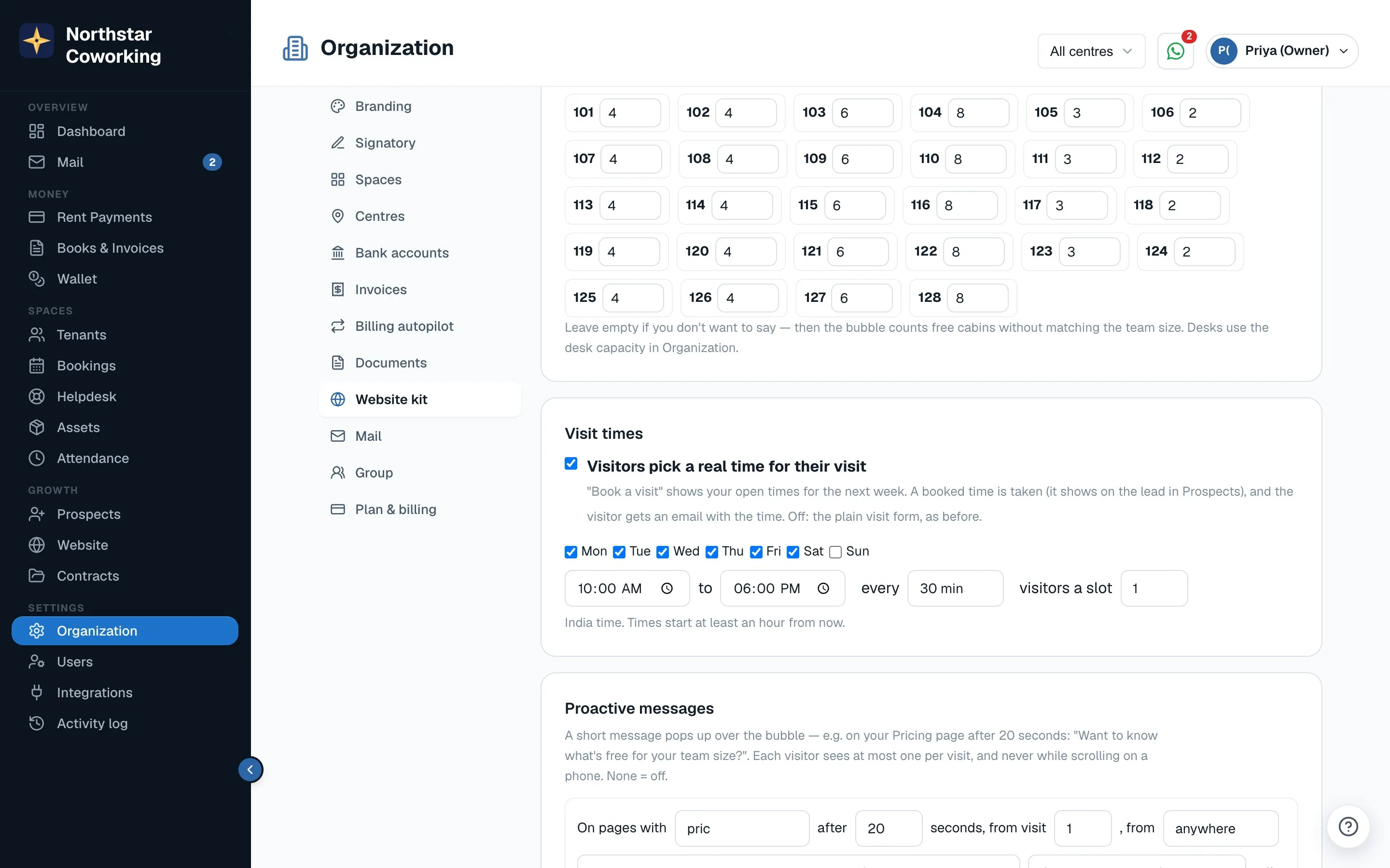 Visit times: the days, hours, slot length and visitors per slot.