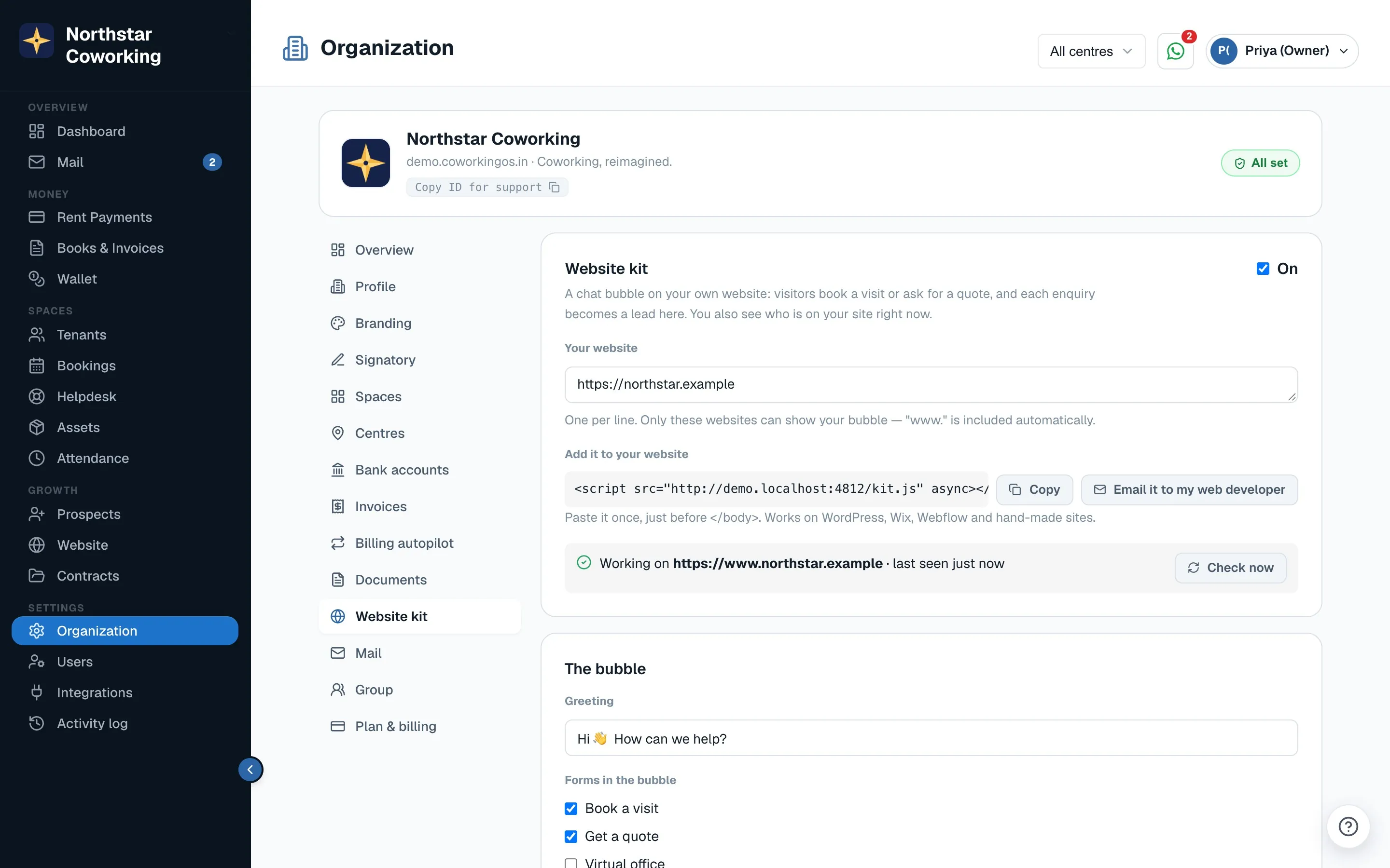 Organization → Website kit: the On switch, your website, the line to paste, and the green check once it's working.