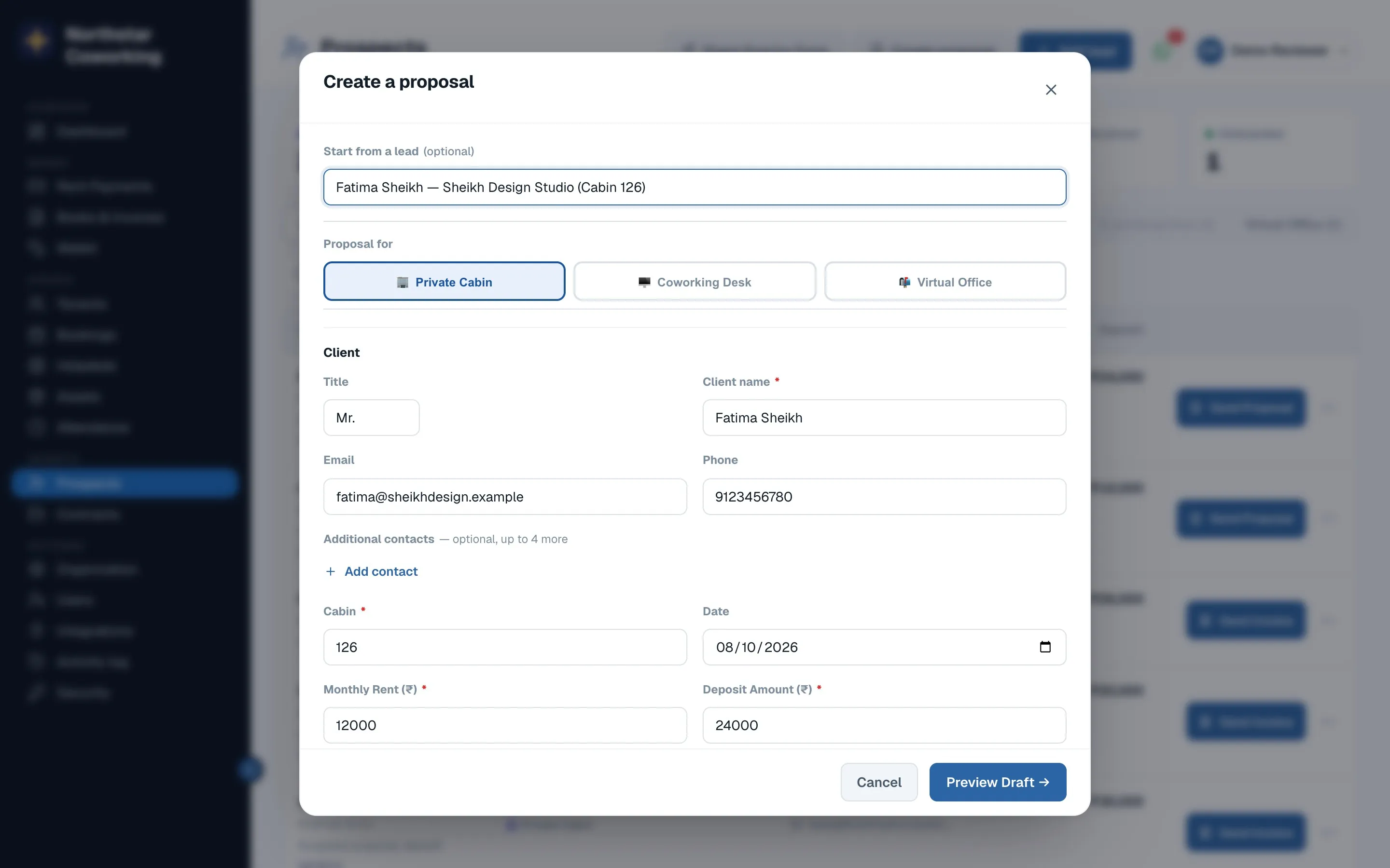 Create a proposal: space, rent, deposit, term and the client's details.