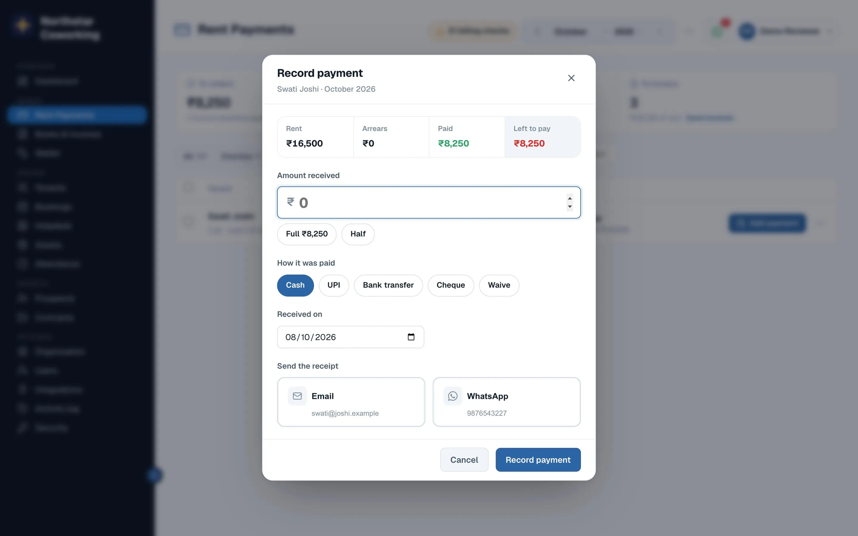 Add payment: amount, how it was paid, which account, reference and date.