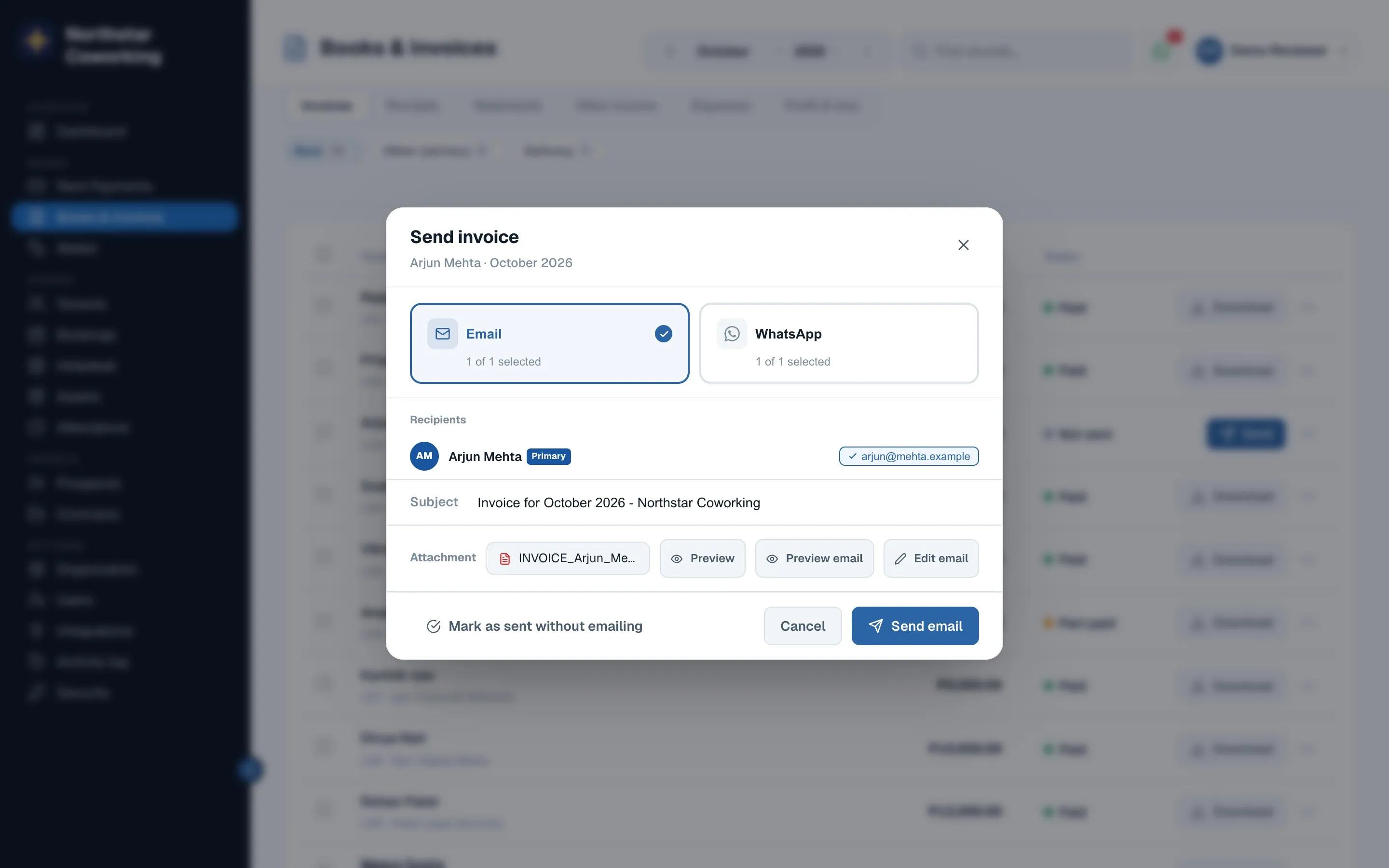Sending one invoice: pick WhatsApp, email or both. The PDF is attached automatically.