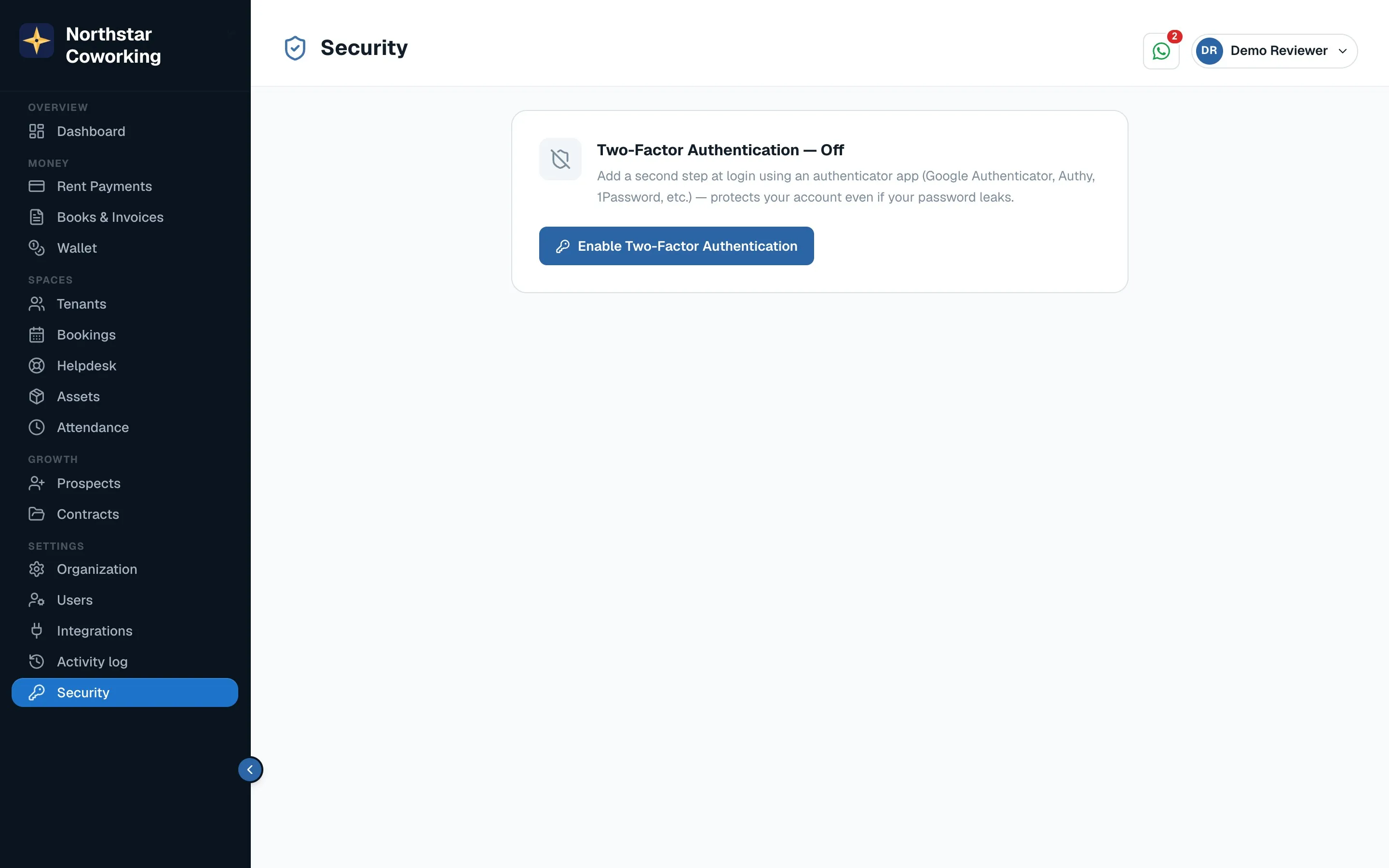 Security: two-factor authentication and active sessions.
