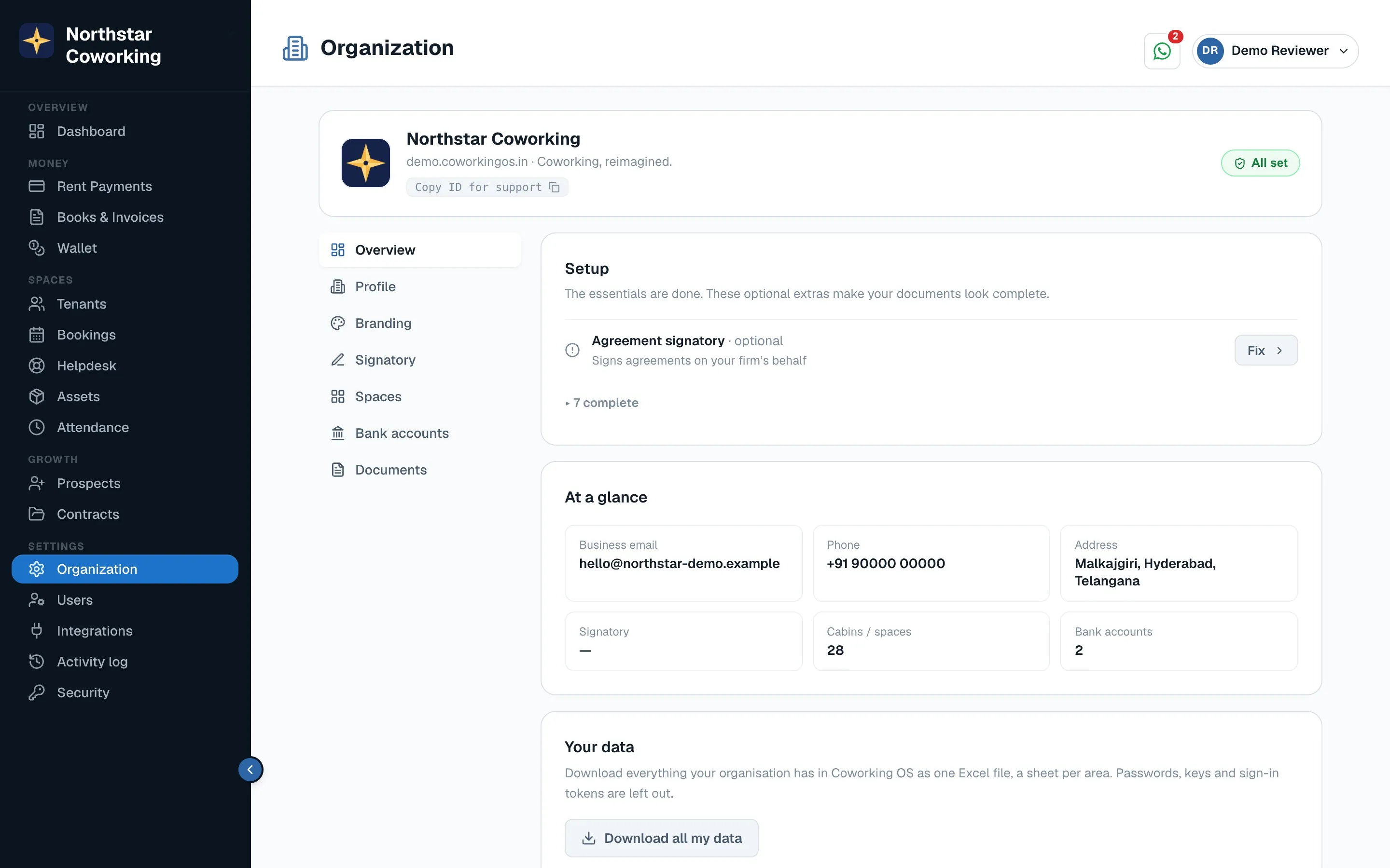 Organization settings: profile, branding, cabins, bank accounts, documents and your data.