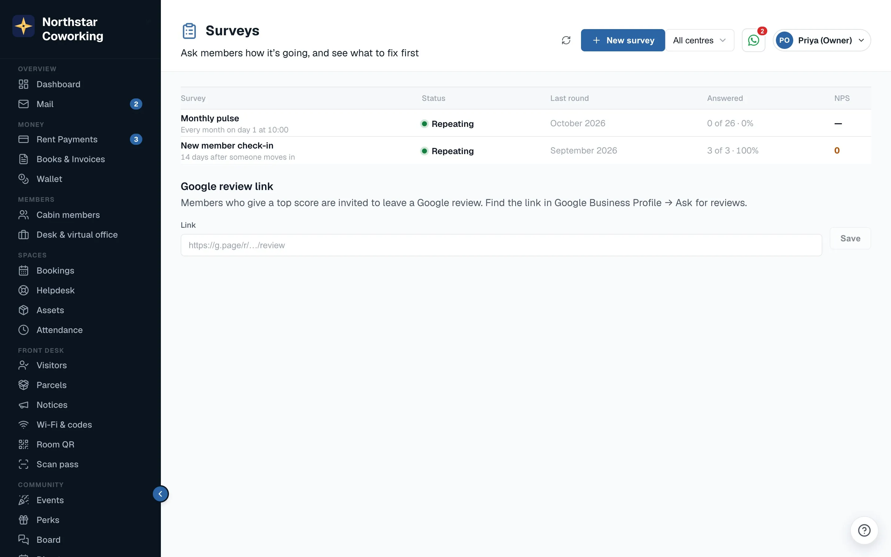 Community → Surveys: each survey with its status, and the last round's response rate and NPS.