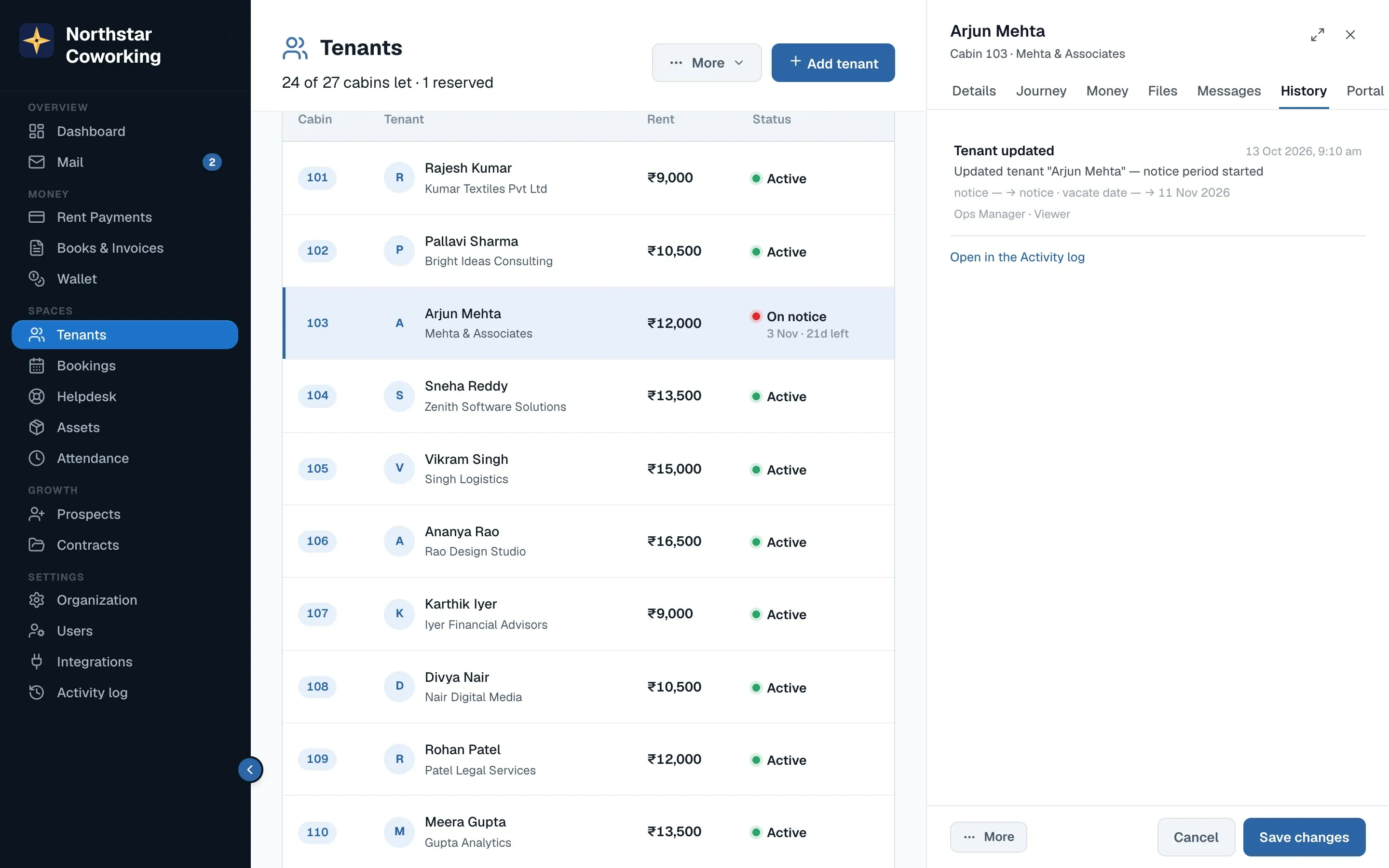 A tenant's History tab: what changed, before and after, and who changed it.