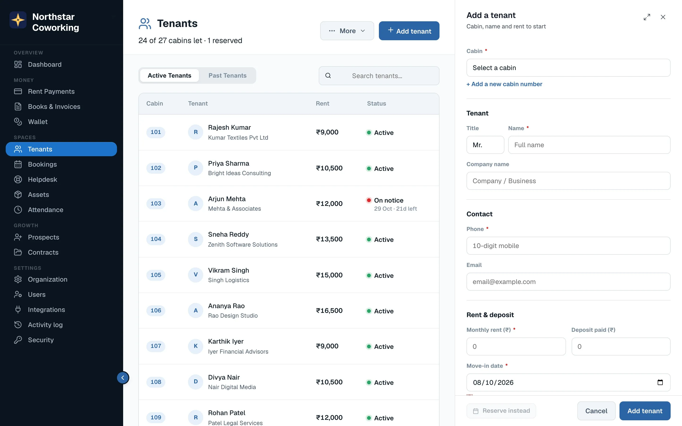 The add-tenant form. Fields with * are needed; the rest can be filled later.
