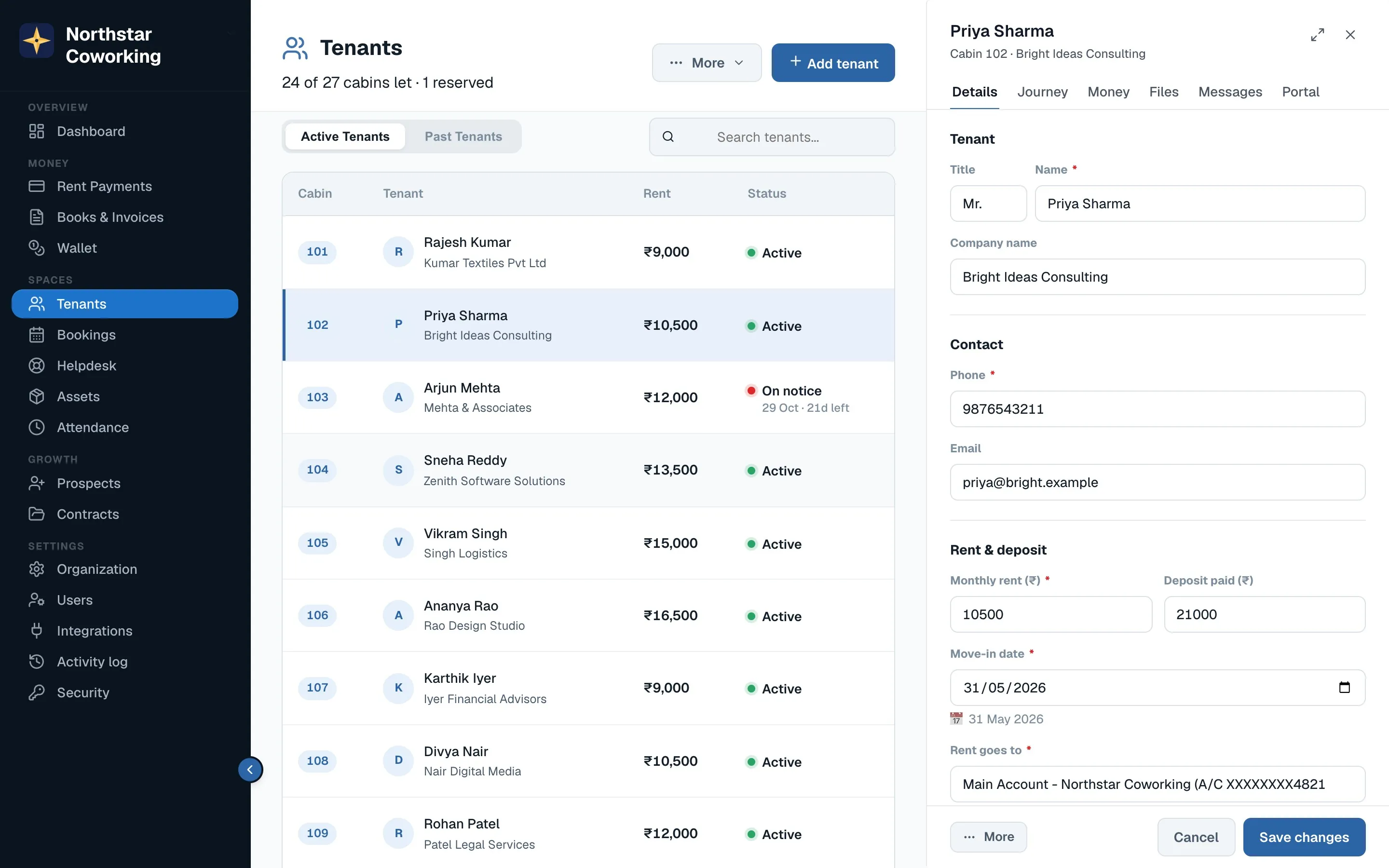 A tenant's page: rent, deposit, agreement, documents, payments and every message sent.