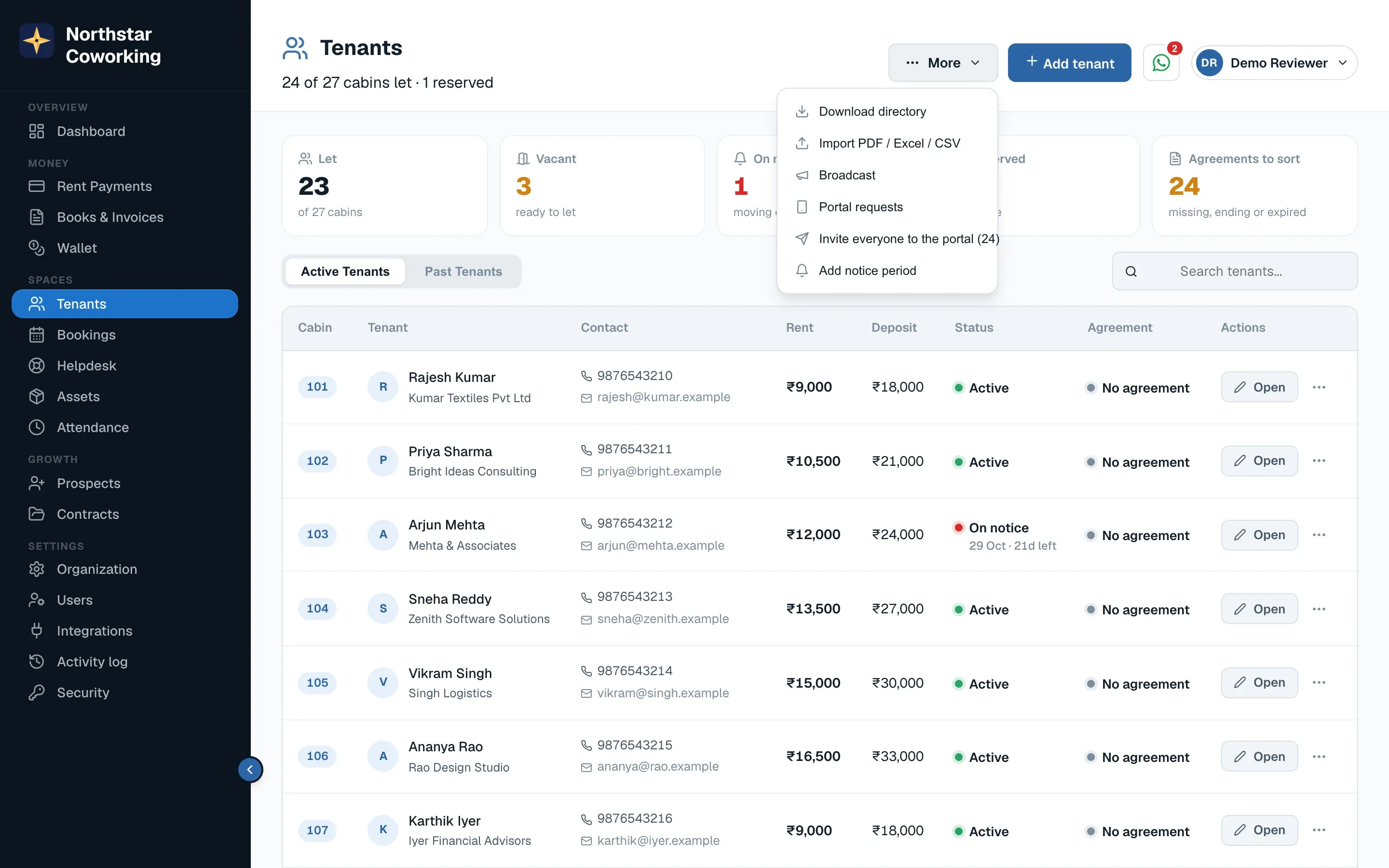 The More menu: directory download, import, broadcast, portal invites and notice periods.