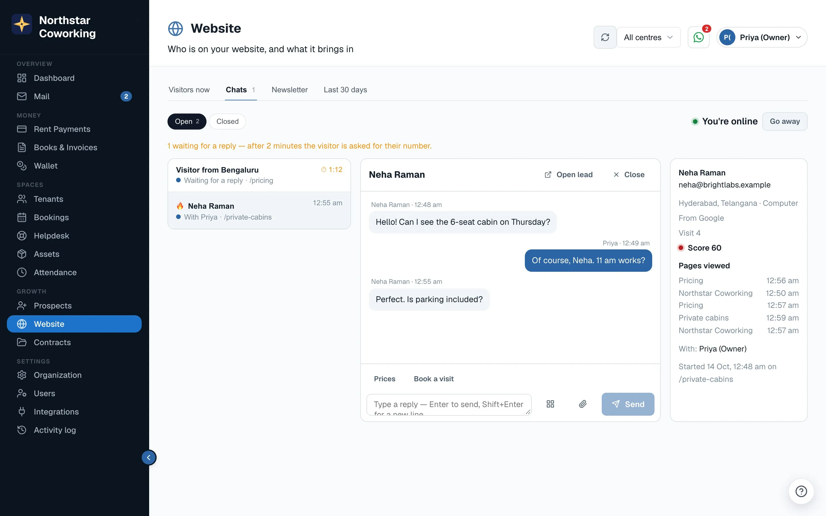 A chat open: the conversation, Prices and Book a visit cards, and the visitor's pages, source and lead score on the right.