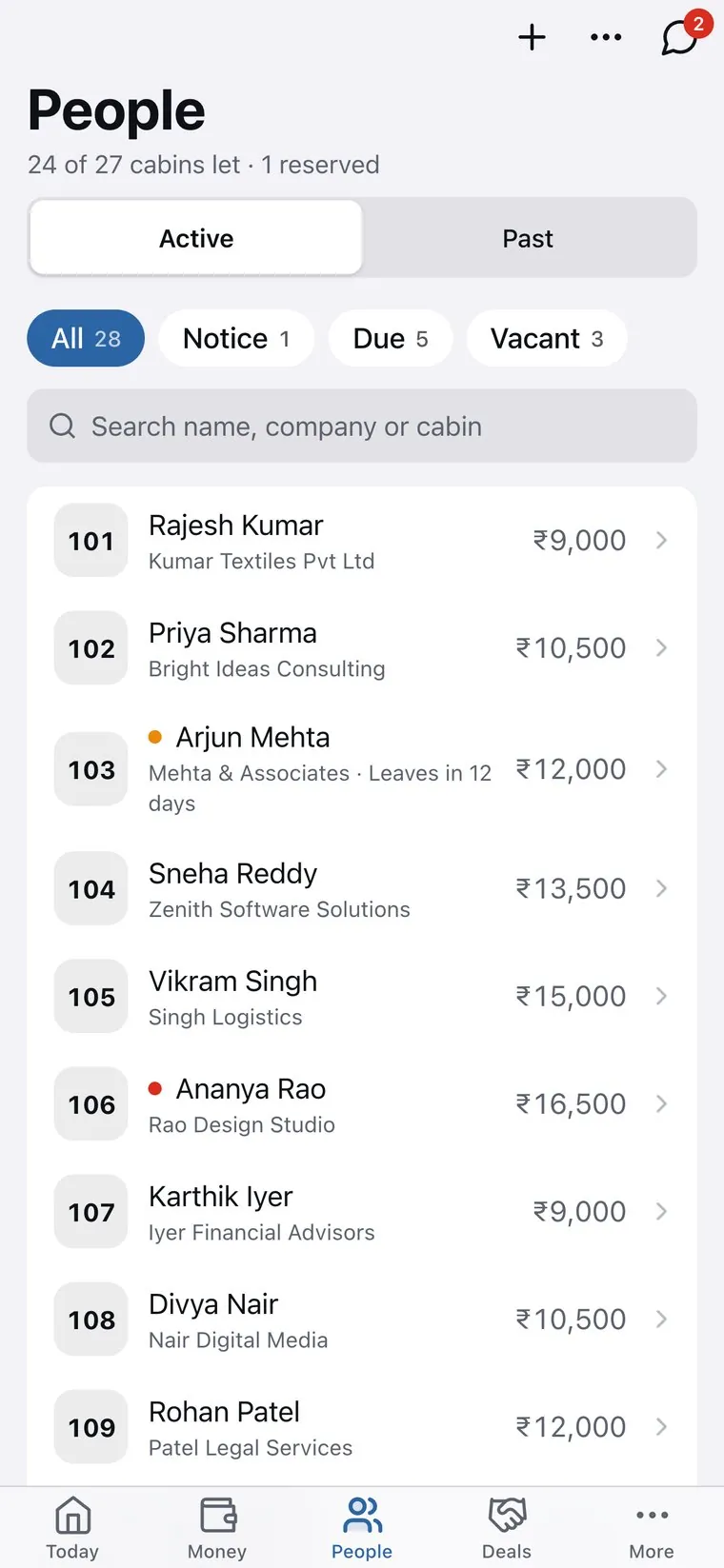 Tenants list with cabin, contact, rent, deposit, status and agreement