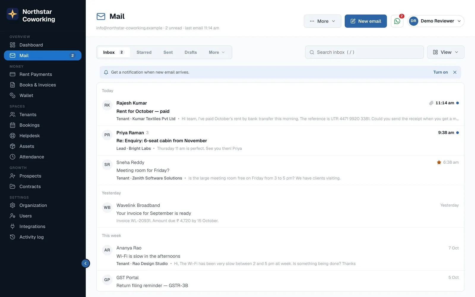 Organization → Mail: domain, mailboxes and who can use each
