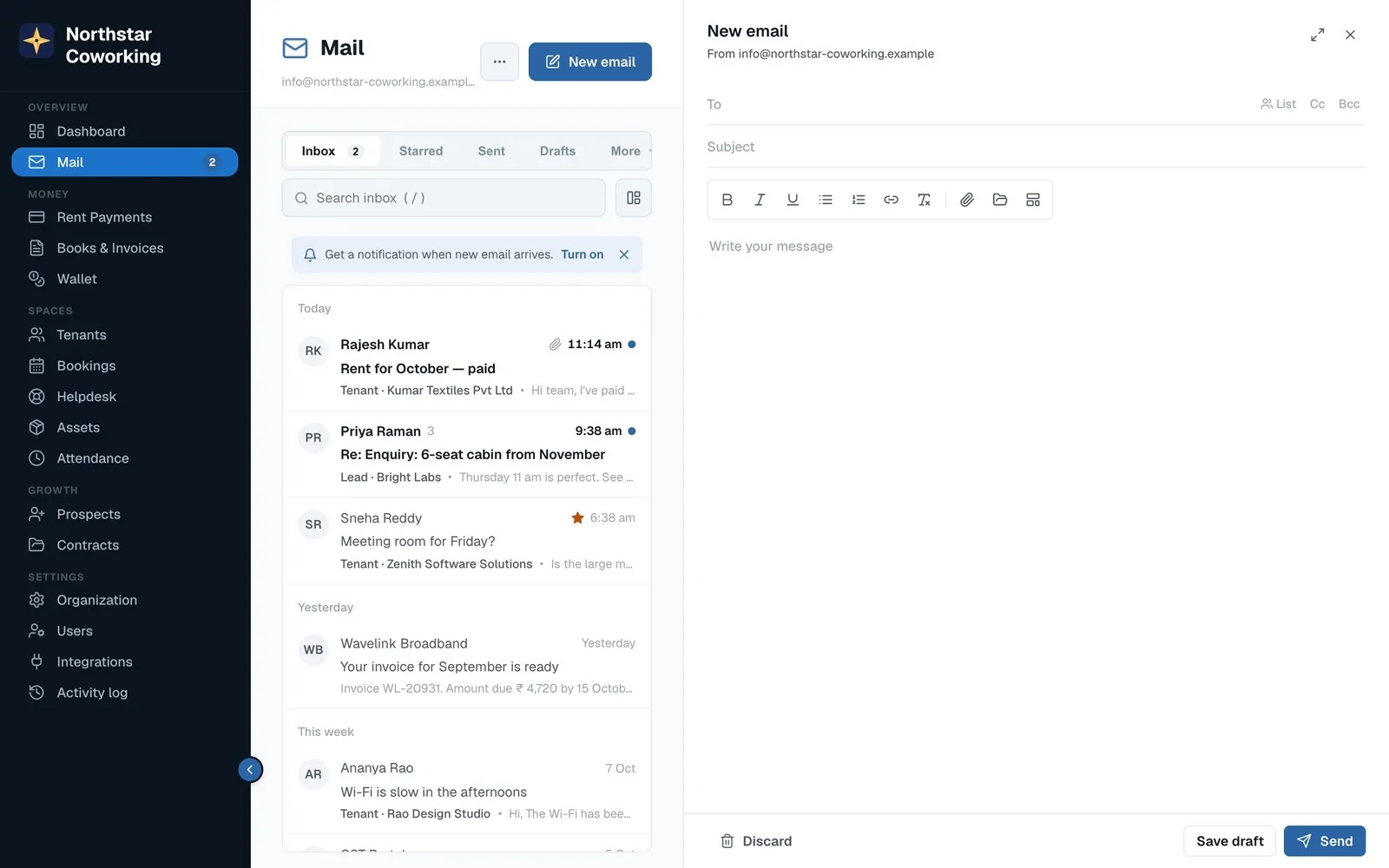 New email with a tenant picked from the address book