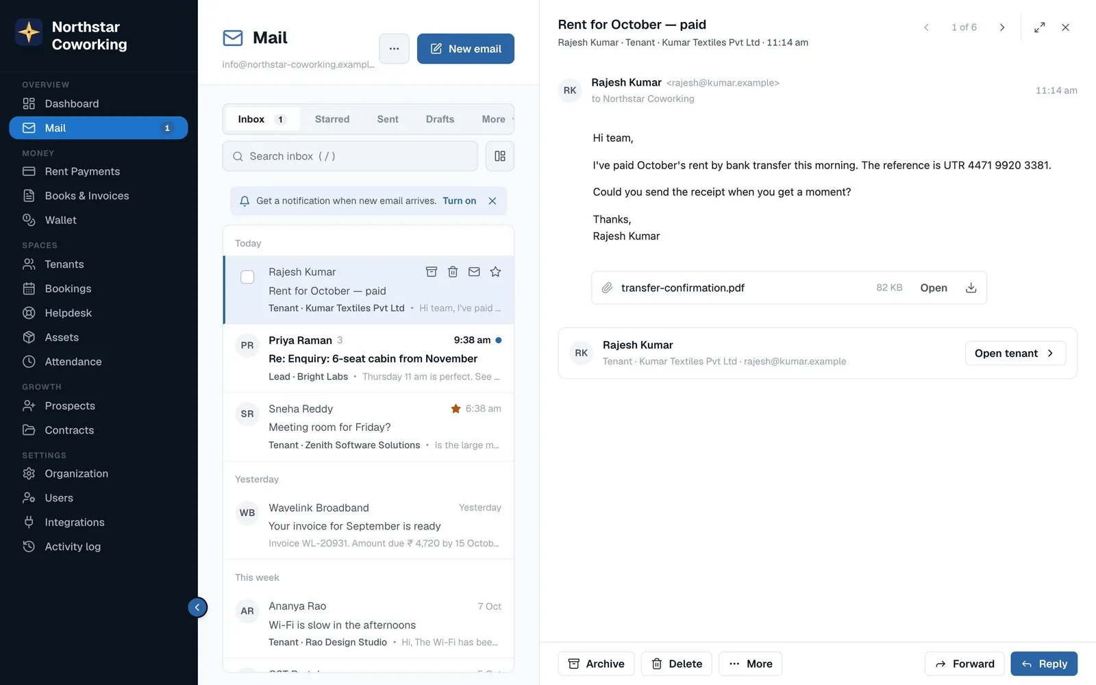 Reading an email: the tenant chip and the record one click away