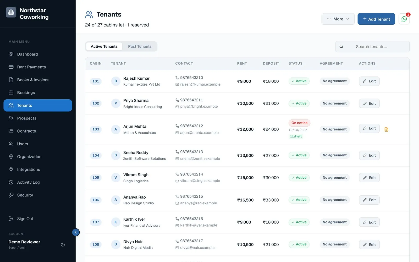 Tenants list with cabin, contact, rent, deposit, status and agreement