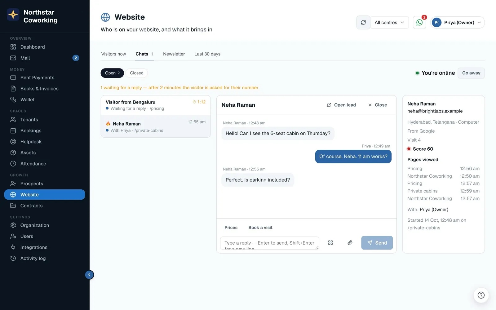 A website chat with the visitor's pages, source and score beside it